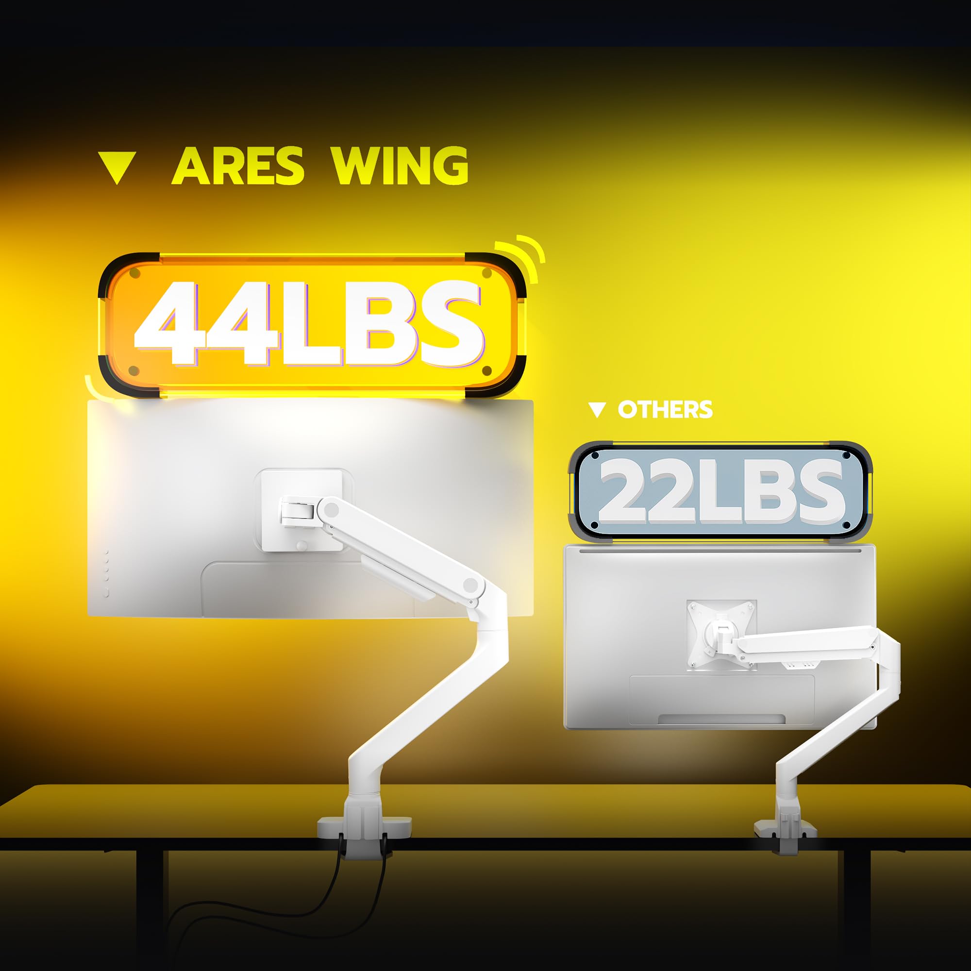 Ares Wing Single Monitor Mount With Usb A/C, Heavy Duty Monitor Arm For 17 To 49 Inch Ultrawide Monitor, Holds 44 Lbs, Adjustabl