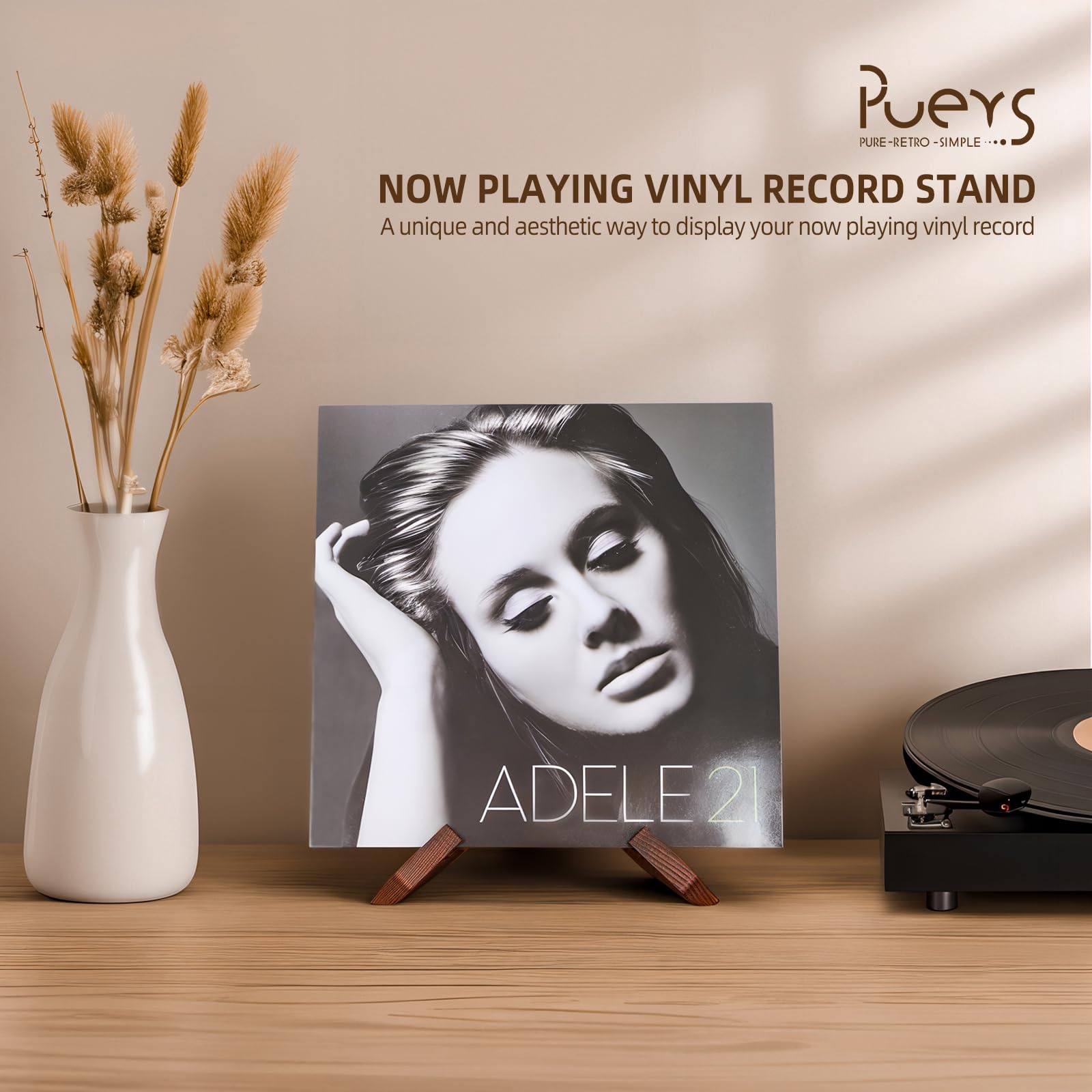 Puersi Now Playing Vinyl Record Stand, Wooden Display Vinyl Holder Stand, Retro Now Spinning Record Accessories   Rustic Brown