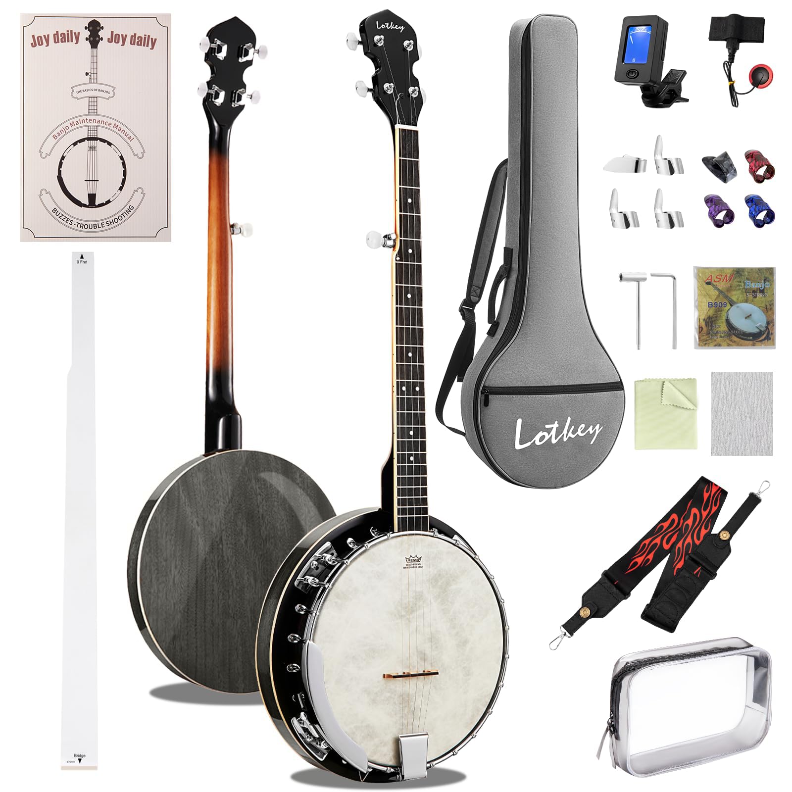Lotkey 38-Inch 5 String Banjo, Remo Drum Head Full Size Banjos, Resonator and Open-Back Dual Styles with Beginners Manual, Banj