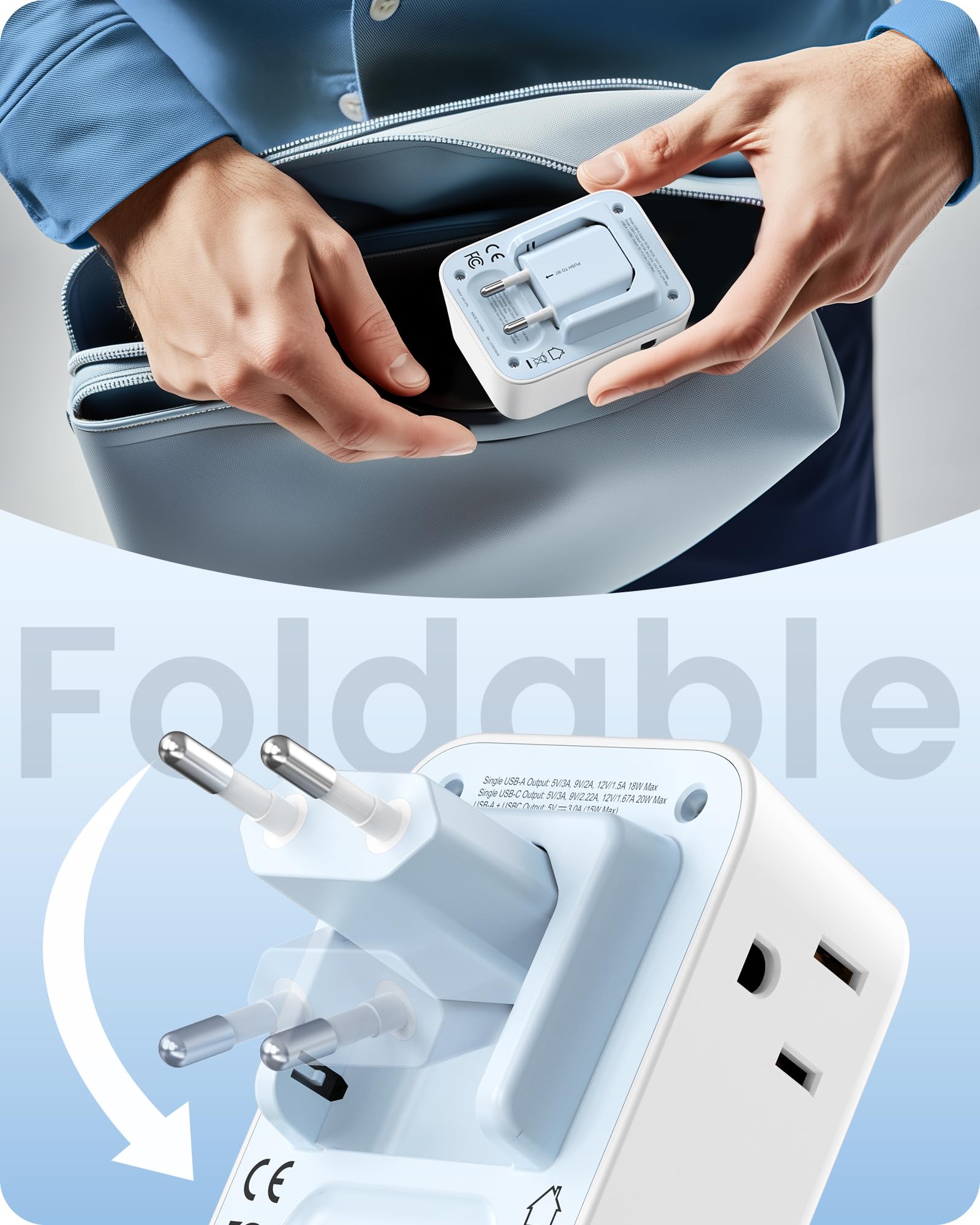 Lencent Foldable European Travel Plug Adapter, Pd 20W Type C Power Adaptor With 4 Outlet, Usb Fast Charger Adapter, Travel Essen