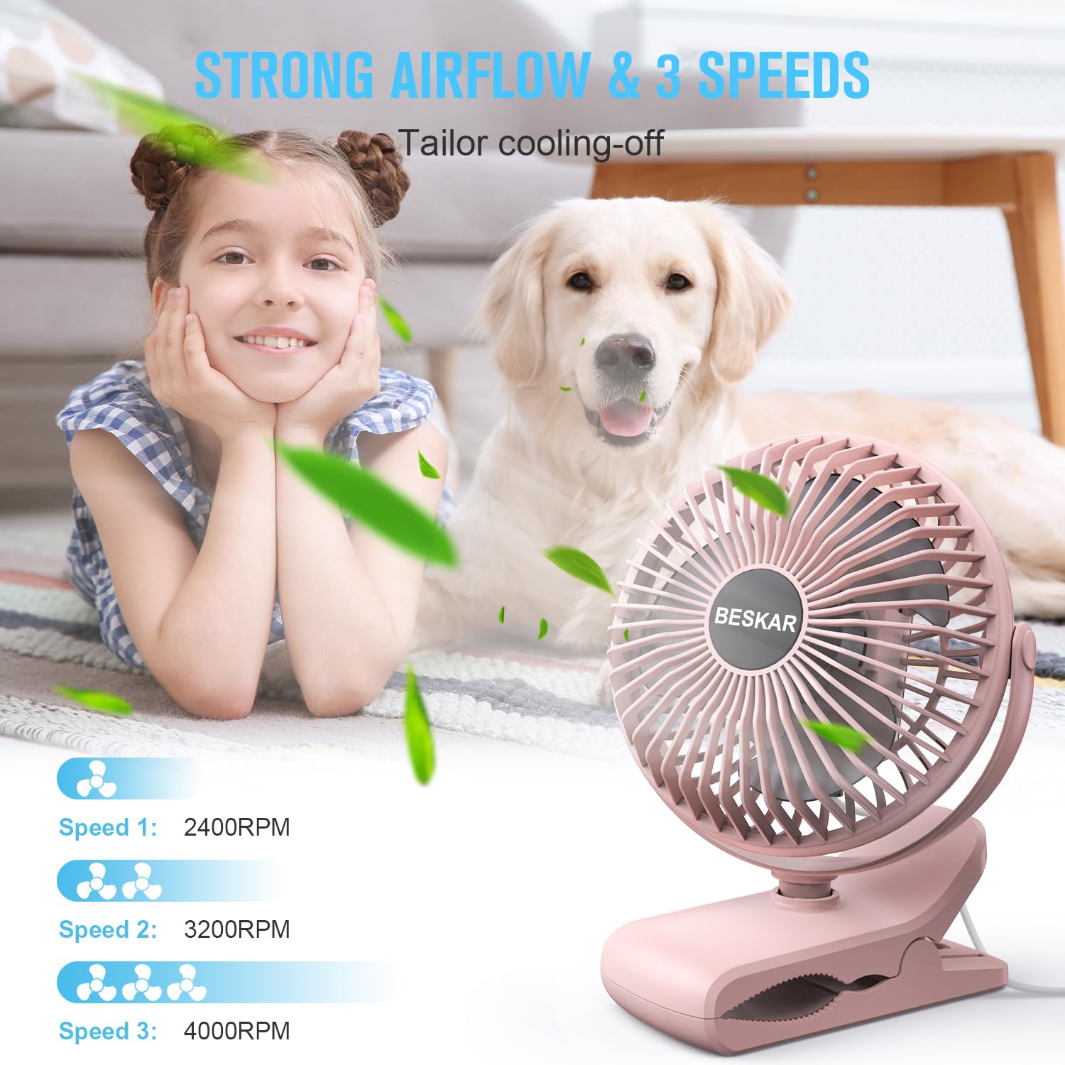 Beskar Small Clip On Fan, 3 Speeds Usb Fan With Strong Airflow, Clip & Desk Fan Usb Plug In With Sturdy Clamp   Ultra Quiet Oper