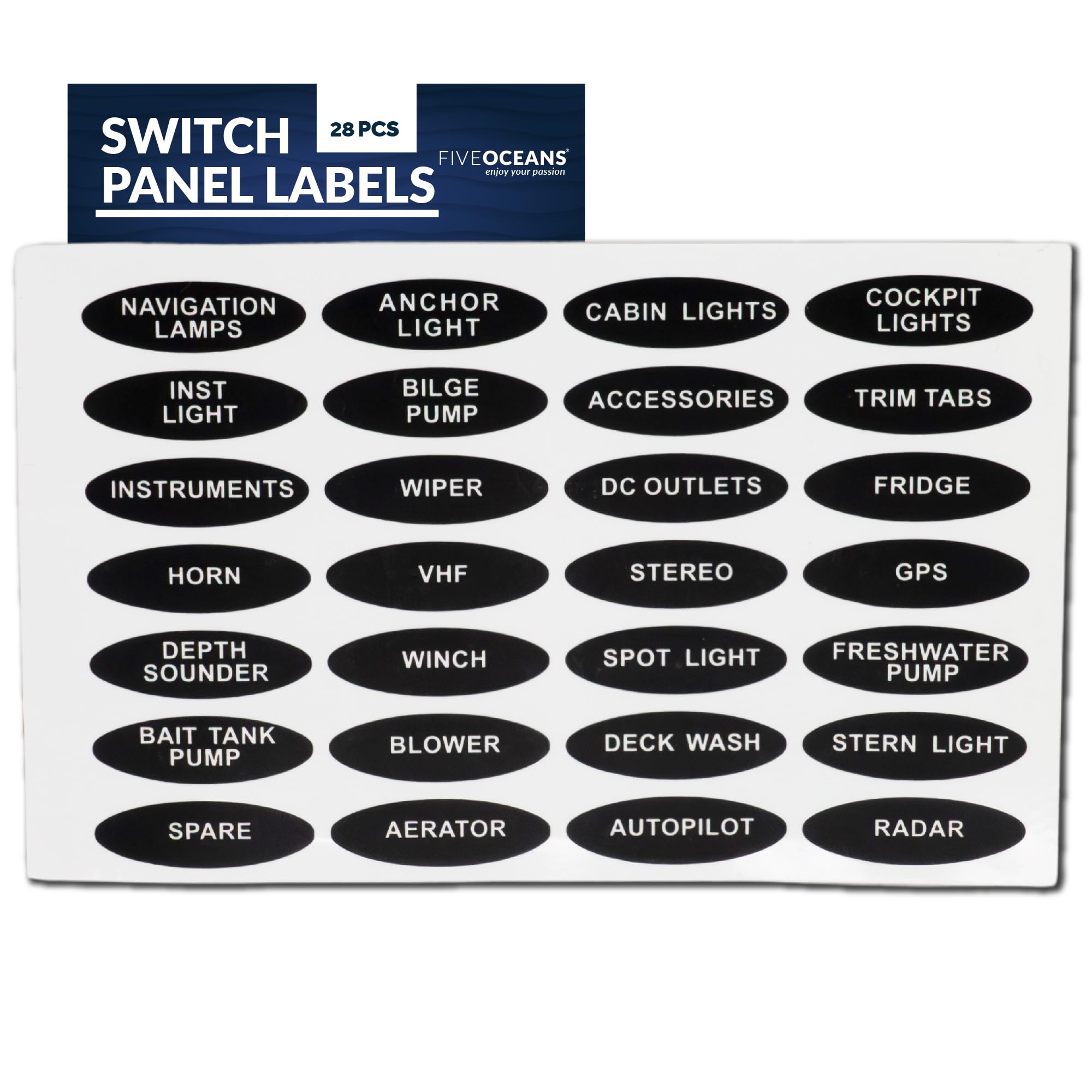 Five Oceans Boat Switch Panel Labels, Marine Boat Dash Board Instruments Decal, Rocker Switch Circuit Panel Sticker, 28 Pcs Per