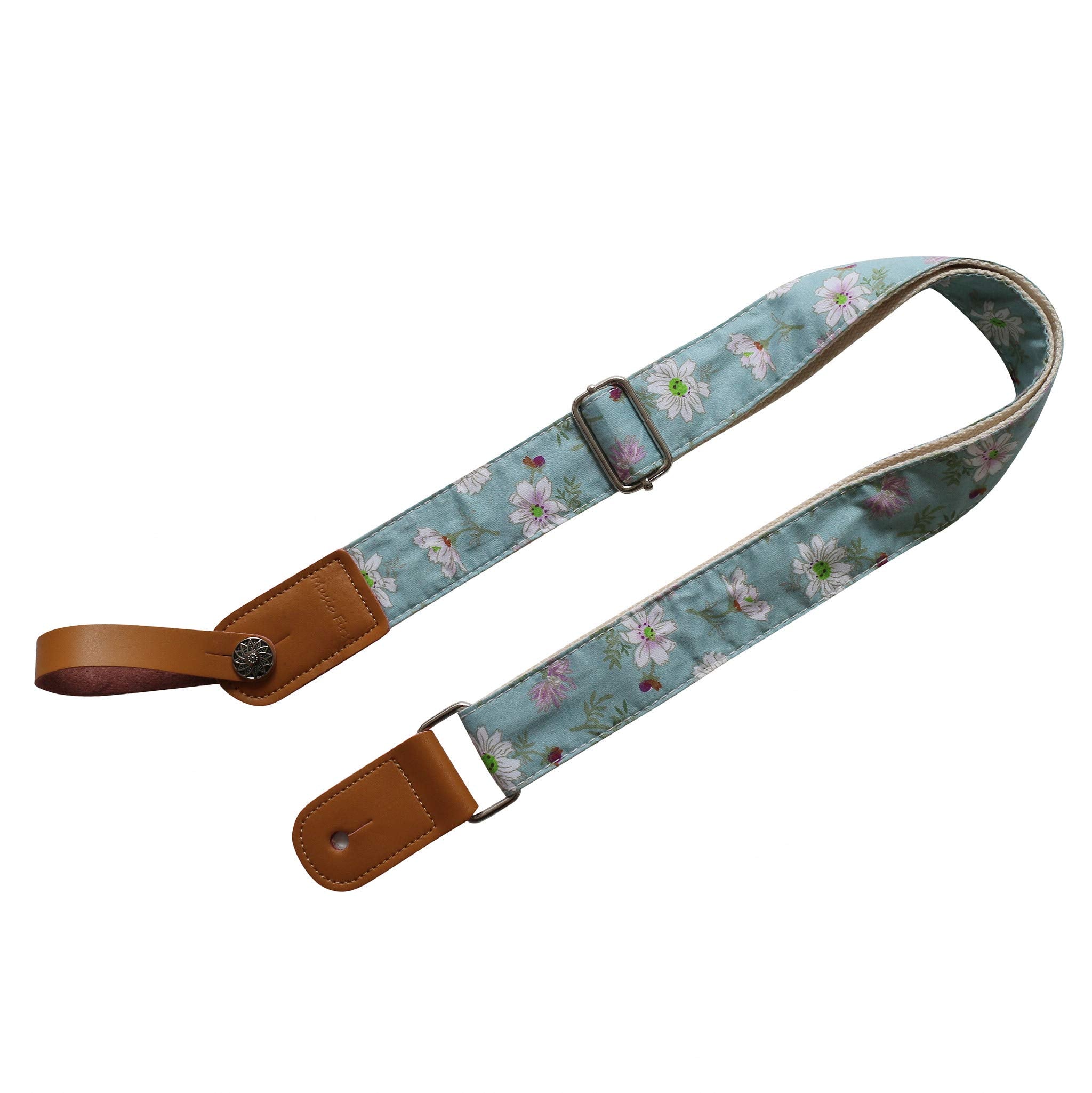 Music First Original Design Vintage Blue Daisy    Soft Muslin & Genuine Leather Ukulele Strap Ukulele Shoulder Strap With A Genu