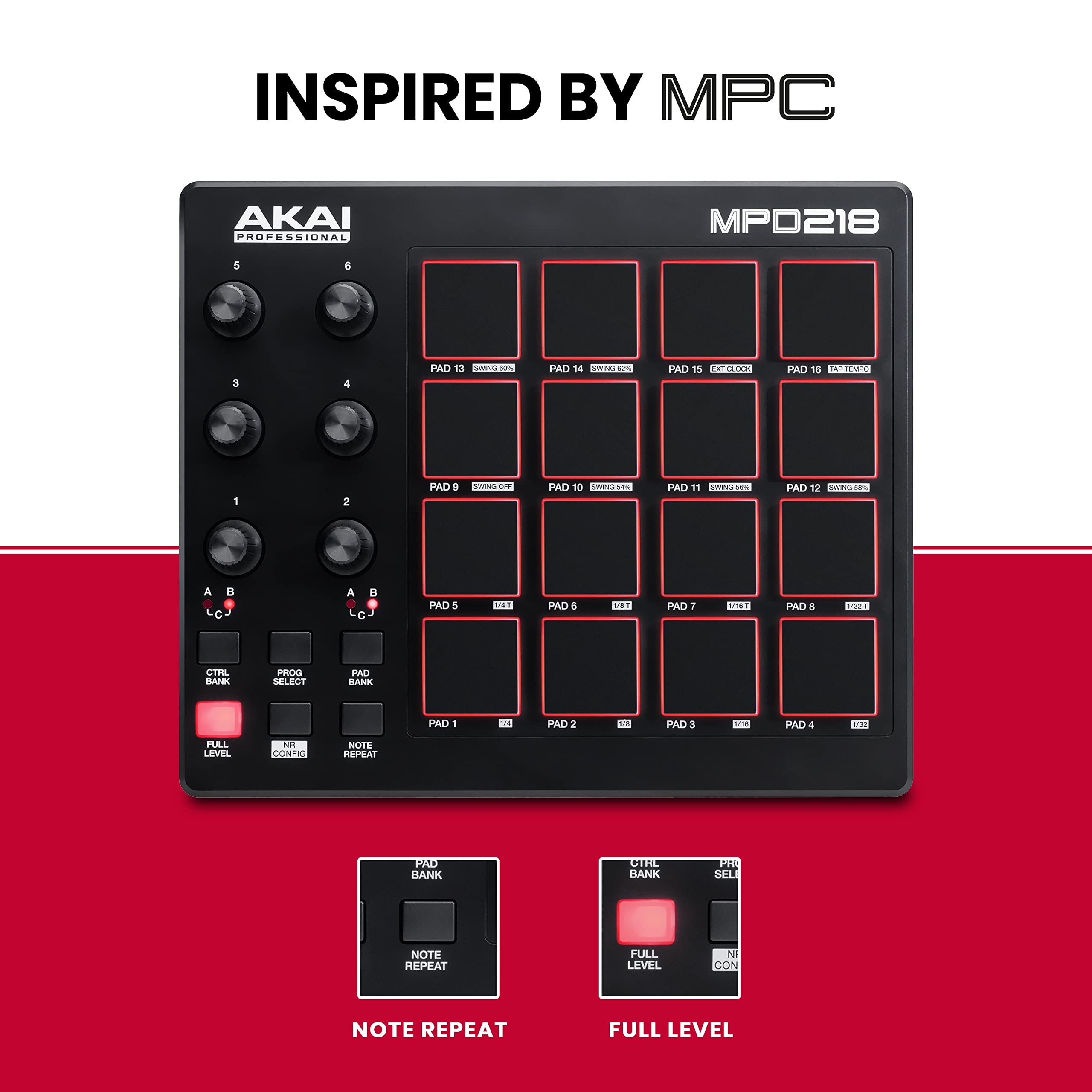 Akai Professional Mpd218   Usb Midi Controller With 16 Mpc Drum Pads, 6 Assignable Knobs, Note Repeat & Full Level Buttons And P