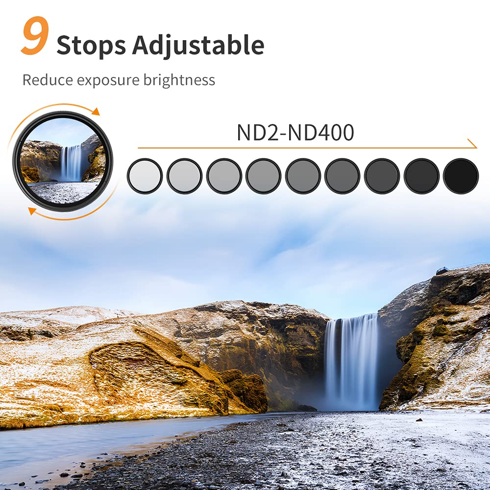K&F Concept 37Mm Variable Nd2 Nd400 Nd Lens Filter (1 9 Stops) For Camera Lens, Adjustable Neutral Density Filter With Microfibe