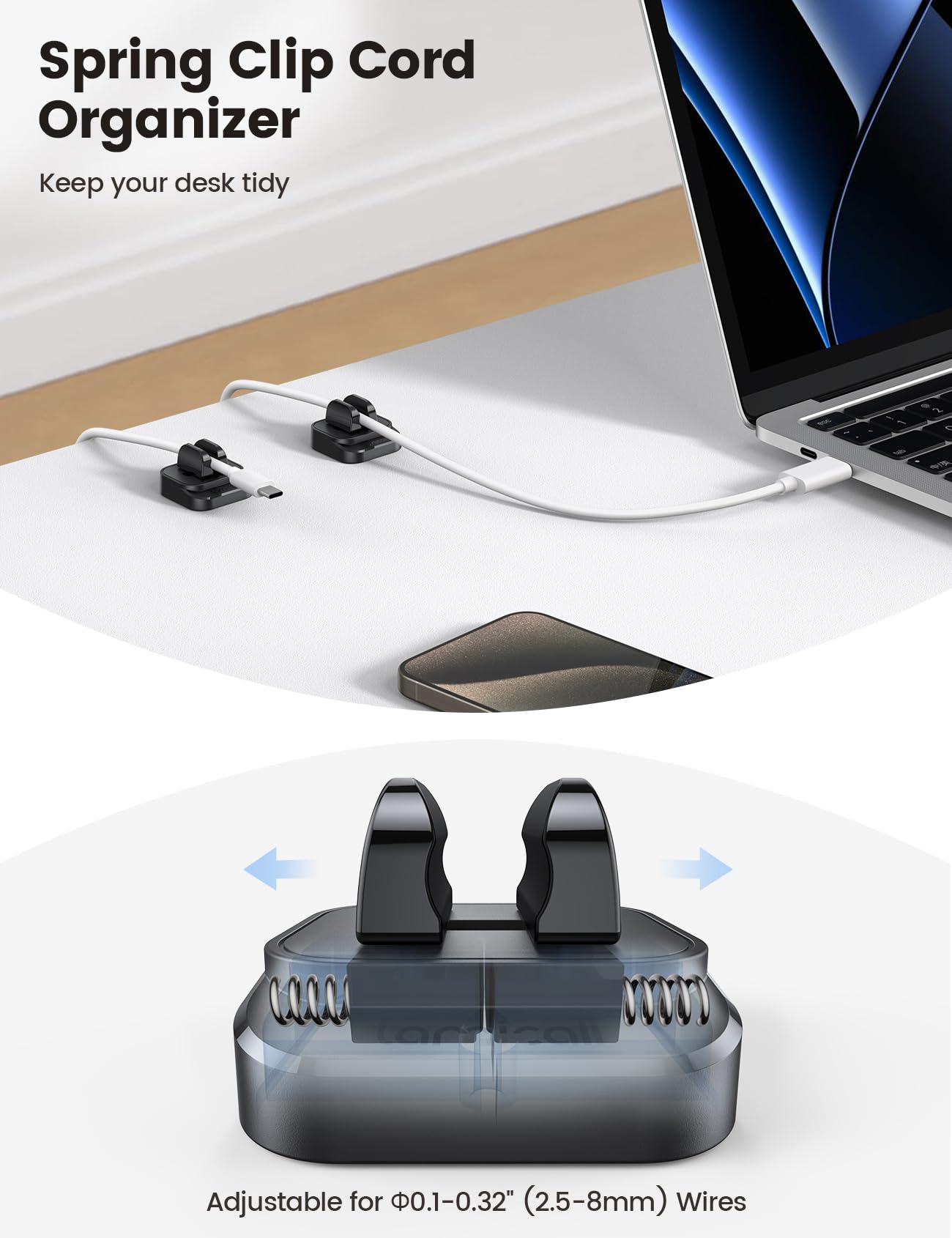 Lamicall Cable Clips, Cord Organizer   [Two Pack] Adjustable Hole Cord Clips Management, Adhesive Wire Organizer Usb Cable Holde
