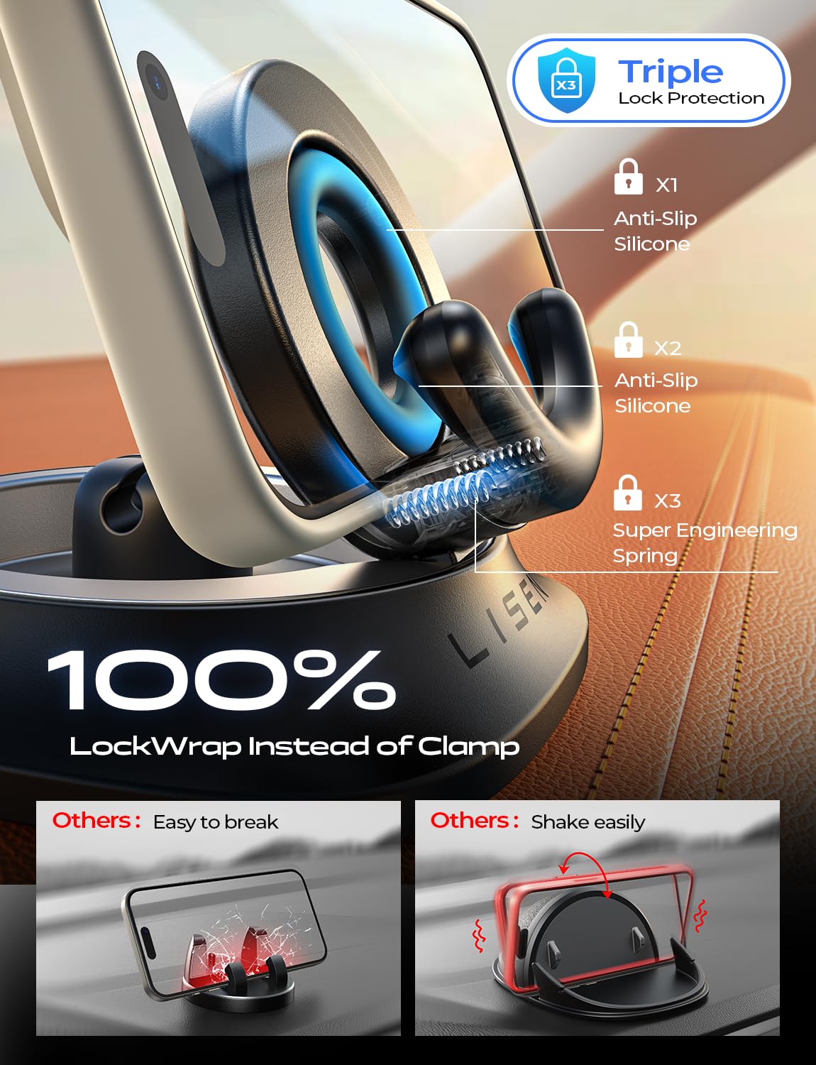 Lisen Dashboard Cell Phone Holder For Car [360+70Rotate Base] Dash Phone Mount Holder For Car Phone Holder Mount Stand Non Slip