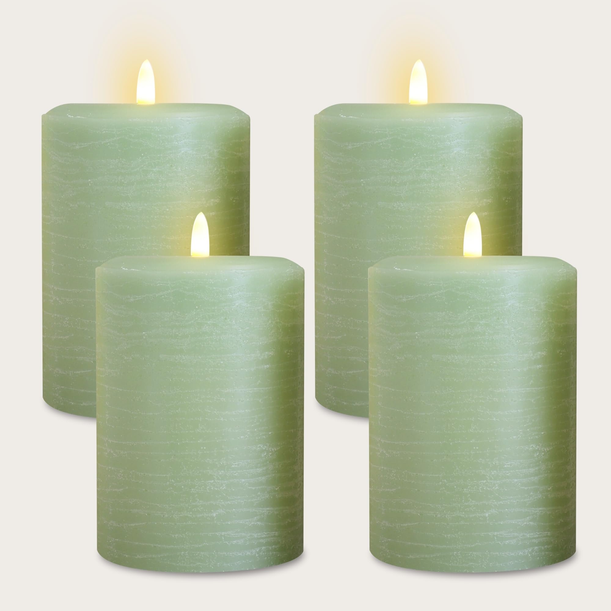Lumipur Signature Collection Natural Glow Flickering Flameless 4 Pack Led Wax Pillar Candle (4 Pack 3.5'' X 5'', Sage Green)