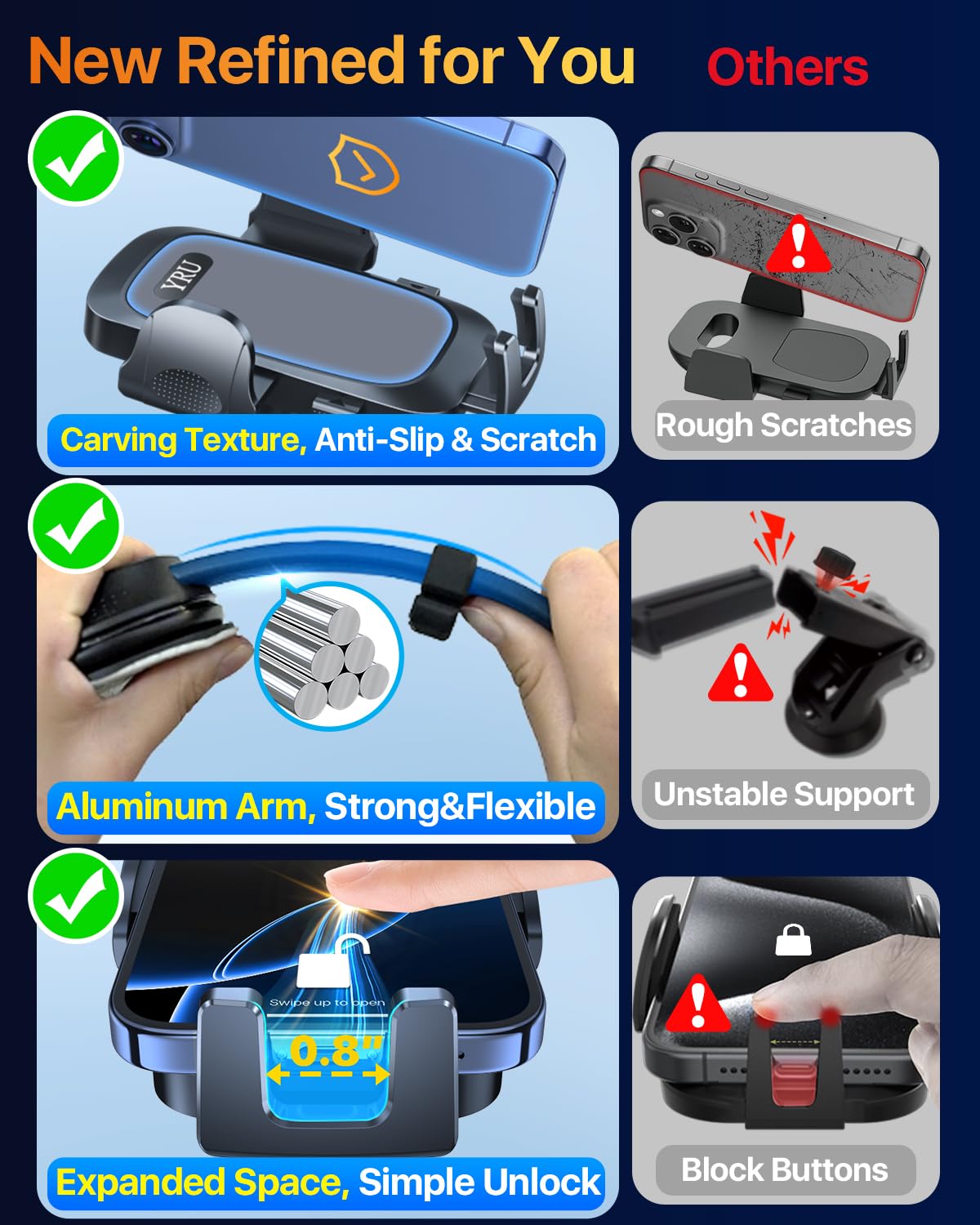 Yru [2025 Ultimate Car Phone Holder Mount [Bendable & Adjustable Aluminum Arm] Cell Phone Holder For Car Dashboard Windshield Ph