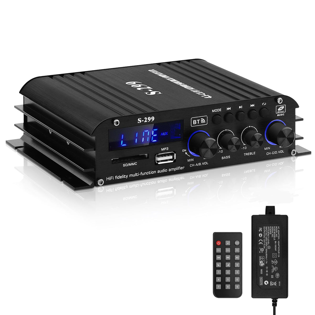 Audio Amplifier Receiver For Home Speakers, S 299 Bluetooth 5.0 Power Amplifier 4.1 Channel Rms 40Wx4 Subwoofer Amp Dc 12V/5A Mi