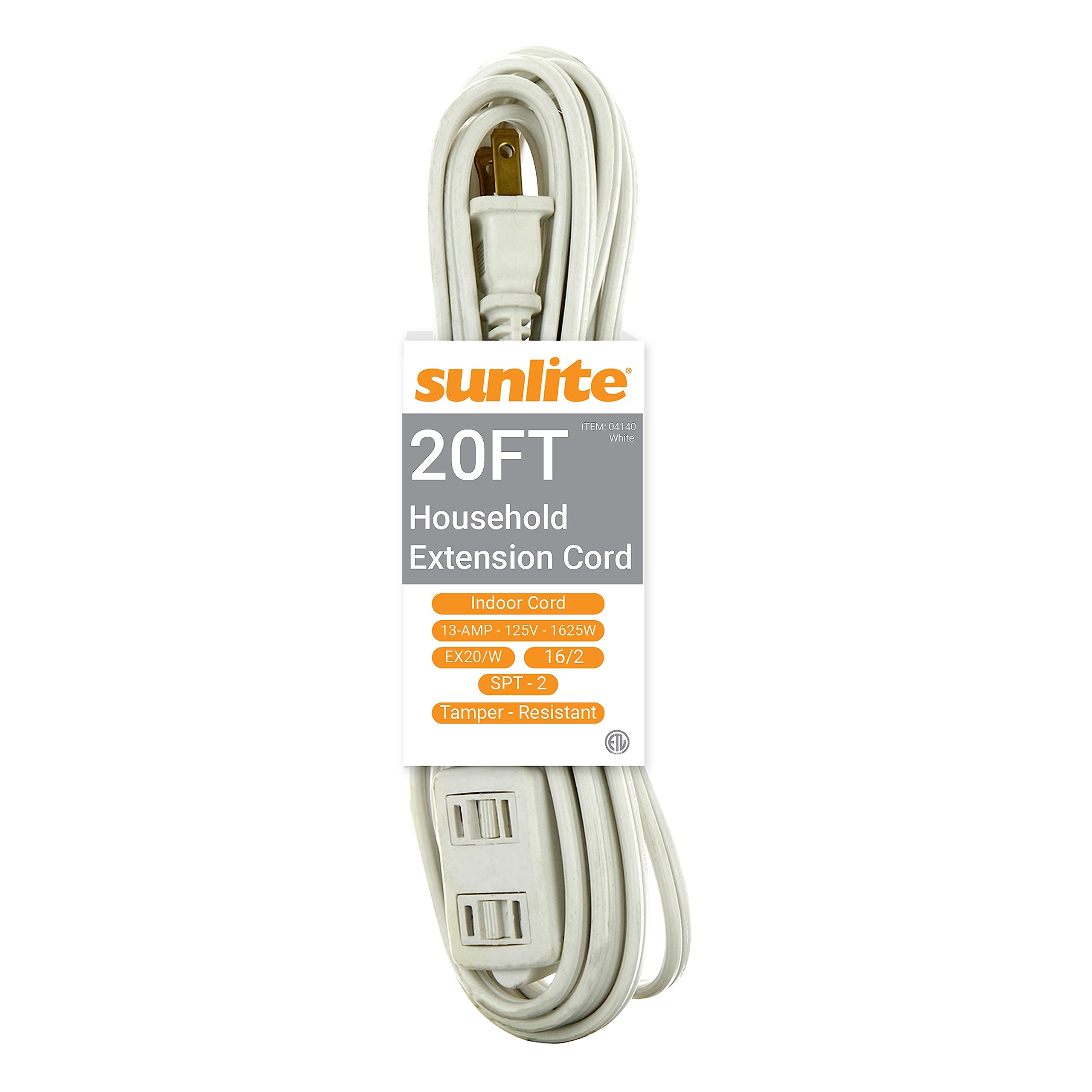 Sunlite 04140 Su 20 Foot Household Extension Cord, Three 2 Prong Polarized Sockets, Tamper Guards, Indoor Use, For Small Appliances, Electronics, Lamps, Fans, Mobile Devices, Etl Listed, 20', White