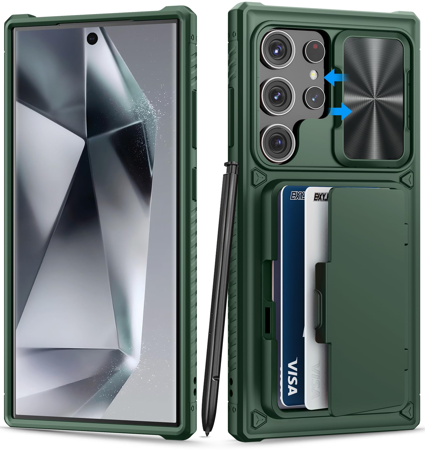Bxyjy For Samsung Galaxy S24 Ultra Case With Card Holder (Store 4 5 Cards) & Kickstand & Slide Lens Cover, Military Grade Drop P