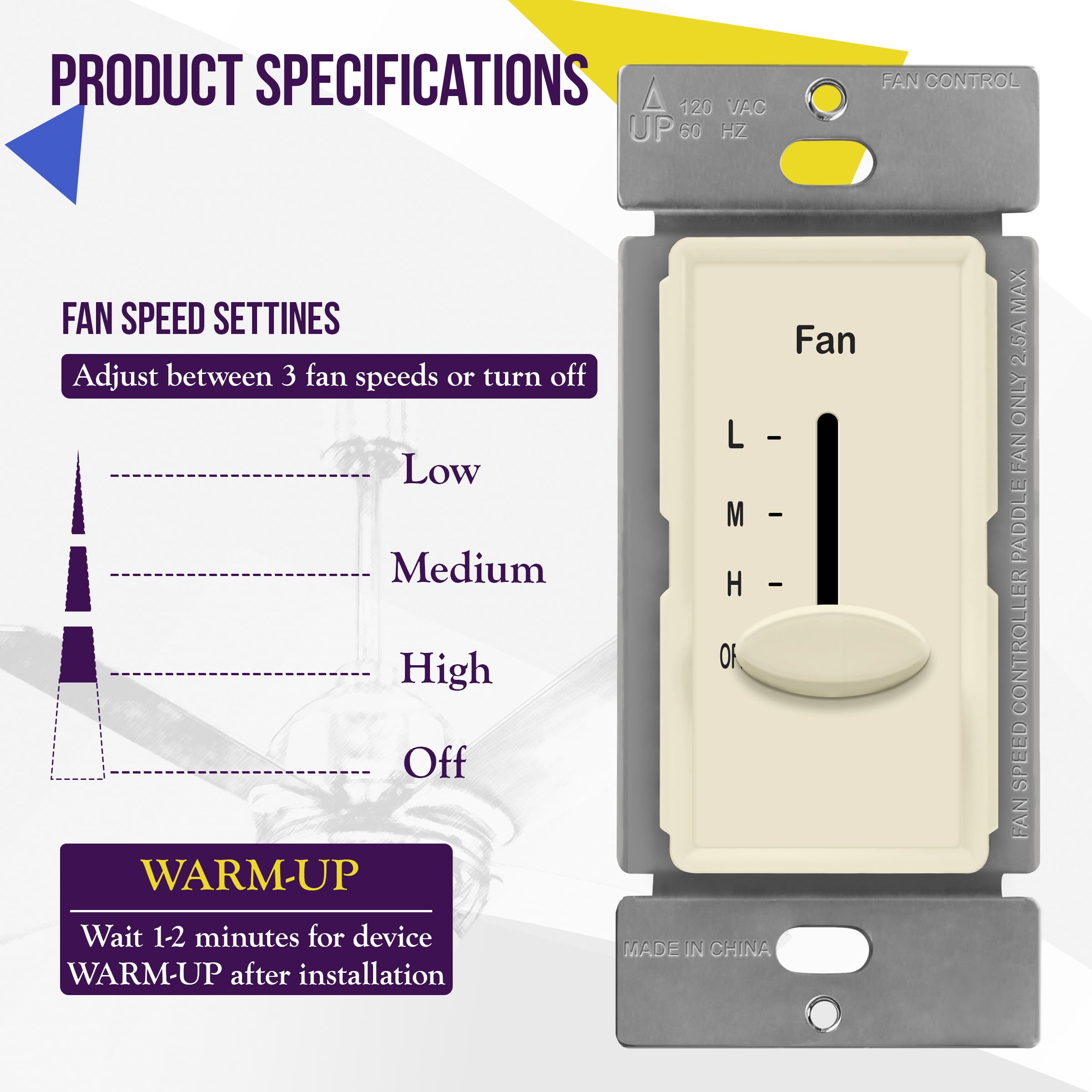 Enerlites 3 Speed In Wall Ceiling Fan Control, Slide Switch, 120Vac, 2.5A, Single Pole, No Neutral Wire Required, 17000 F3 La F,