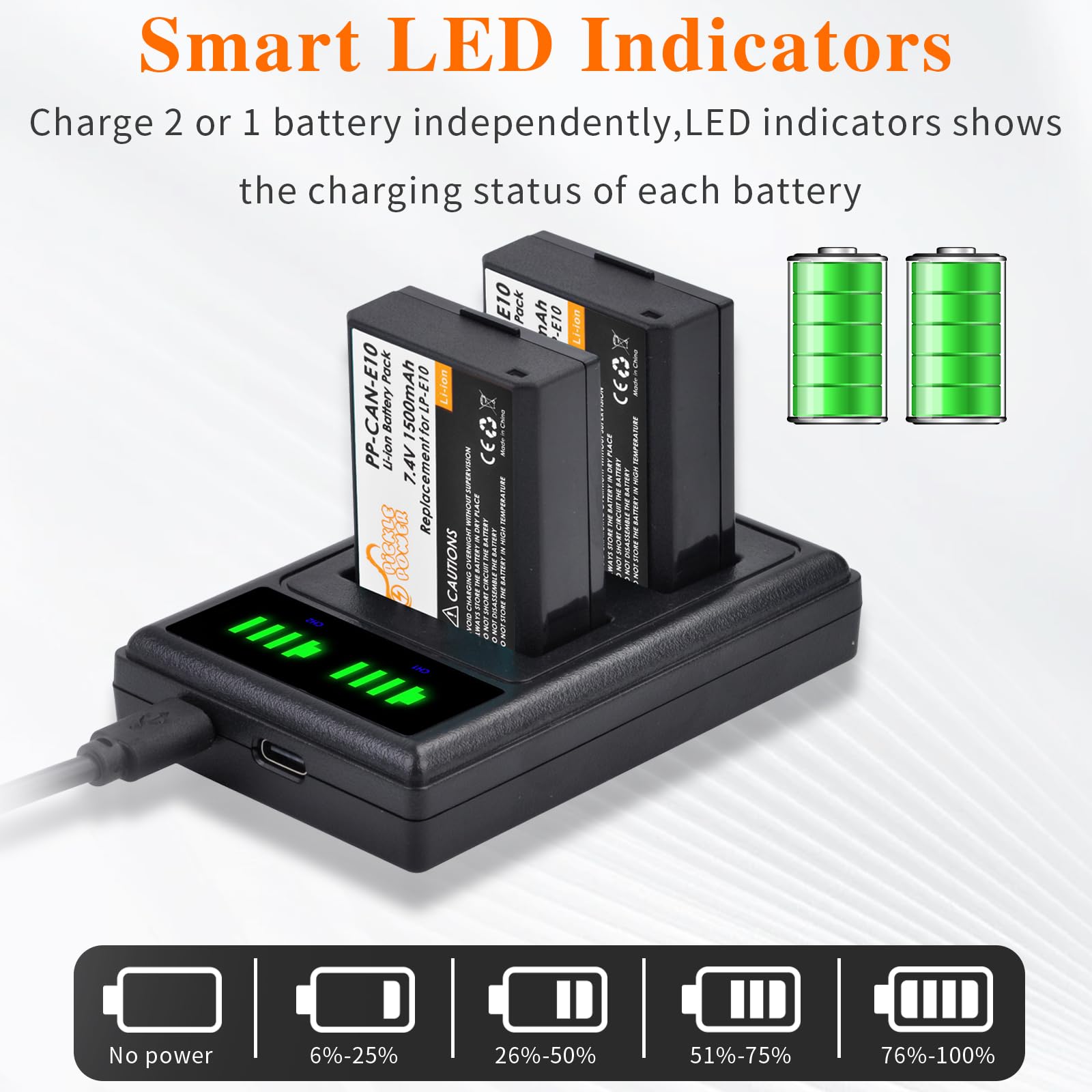 Pickle Power Lp E10 Battery And Led Usb Dual Charger For Canon Eos Rebel T7 T6 T5 T3 T100, Eos 2000D, 3000D, 4000D, 1200D 1100D