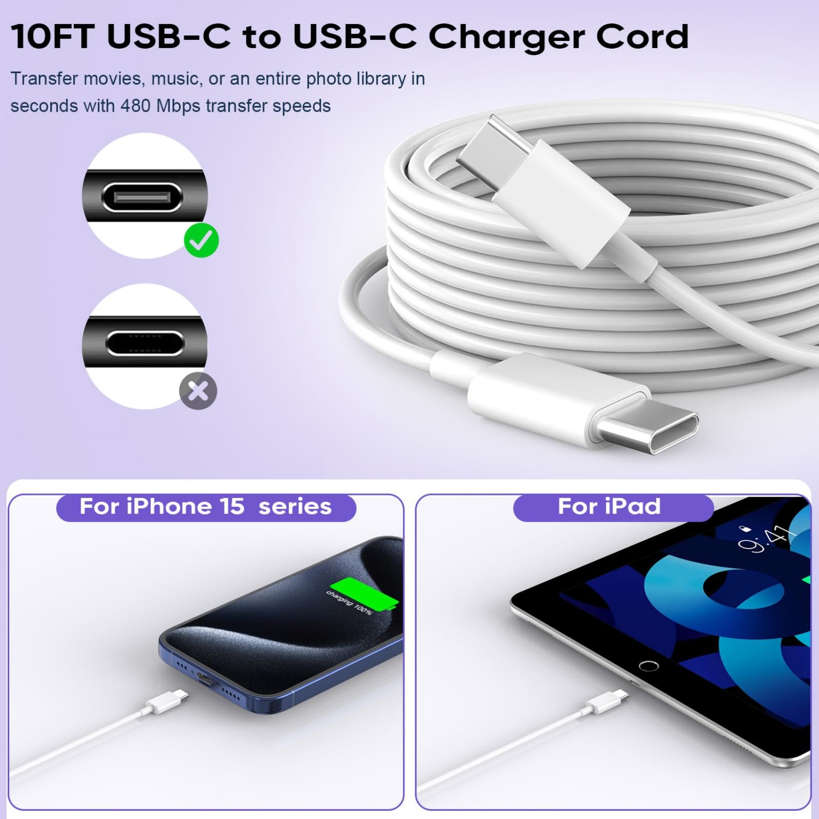 Nuinno iPhone 16 Pro Charger 10FT USB C Cable & 20W Adapter, White, Model HXF-1, Compatible with iPad Pro & Air