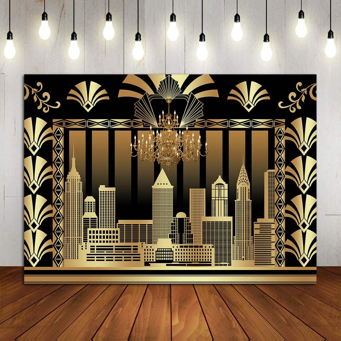Roaring 20'S 20S Themed Backdrop Vintage Dance Black Gold Art Event Decoration Birthday Wedding Party Decoration Photo Background Booth Banner Supplies 8X6Ft