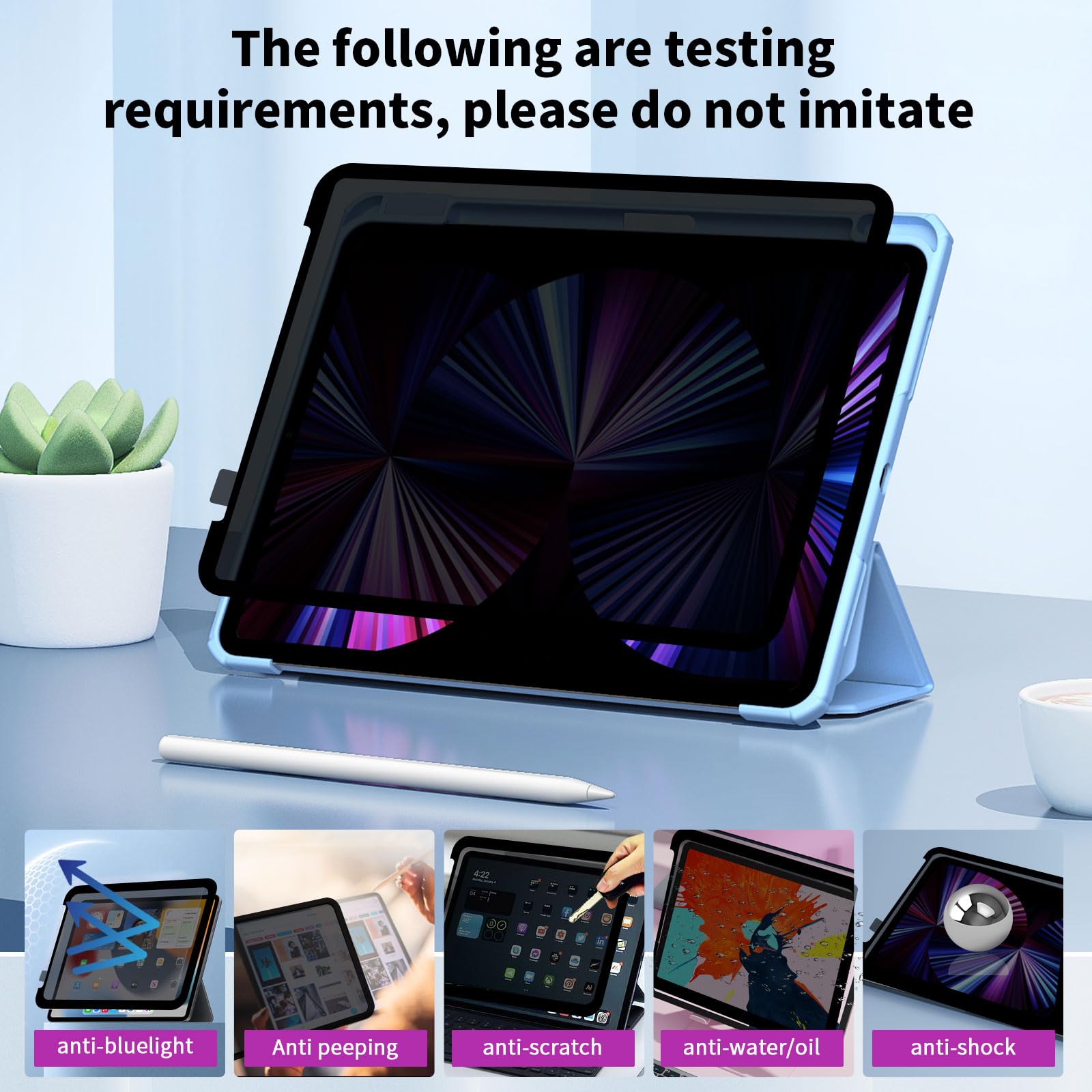 Tarrahow Removable Horizontal Privacy Screen Protector For Ipad Pro 10.9/11,Vacuum Adsorption,Bubble Free,One Second Installatio