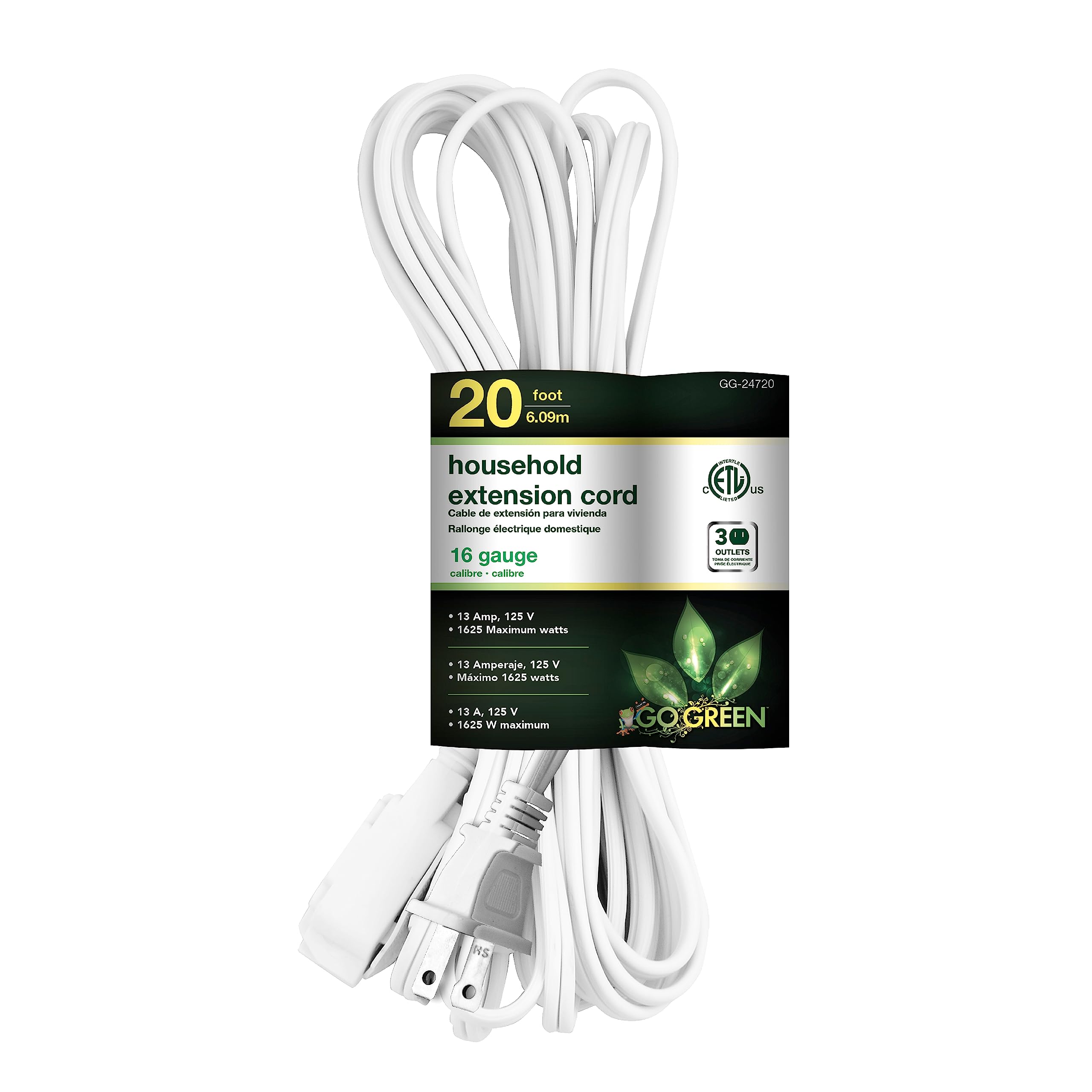 Go Green Power Inc. 20Ft Household Extension Cord, White, 3 Outlets, 16/2, Indoor Use Only   Safe, Reliable, And Child Safe Cove