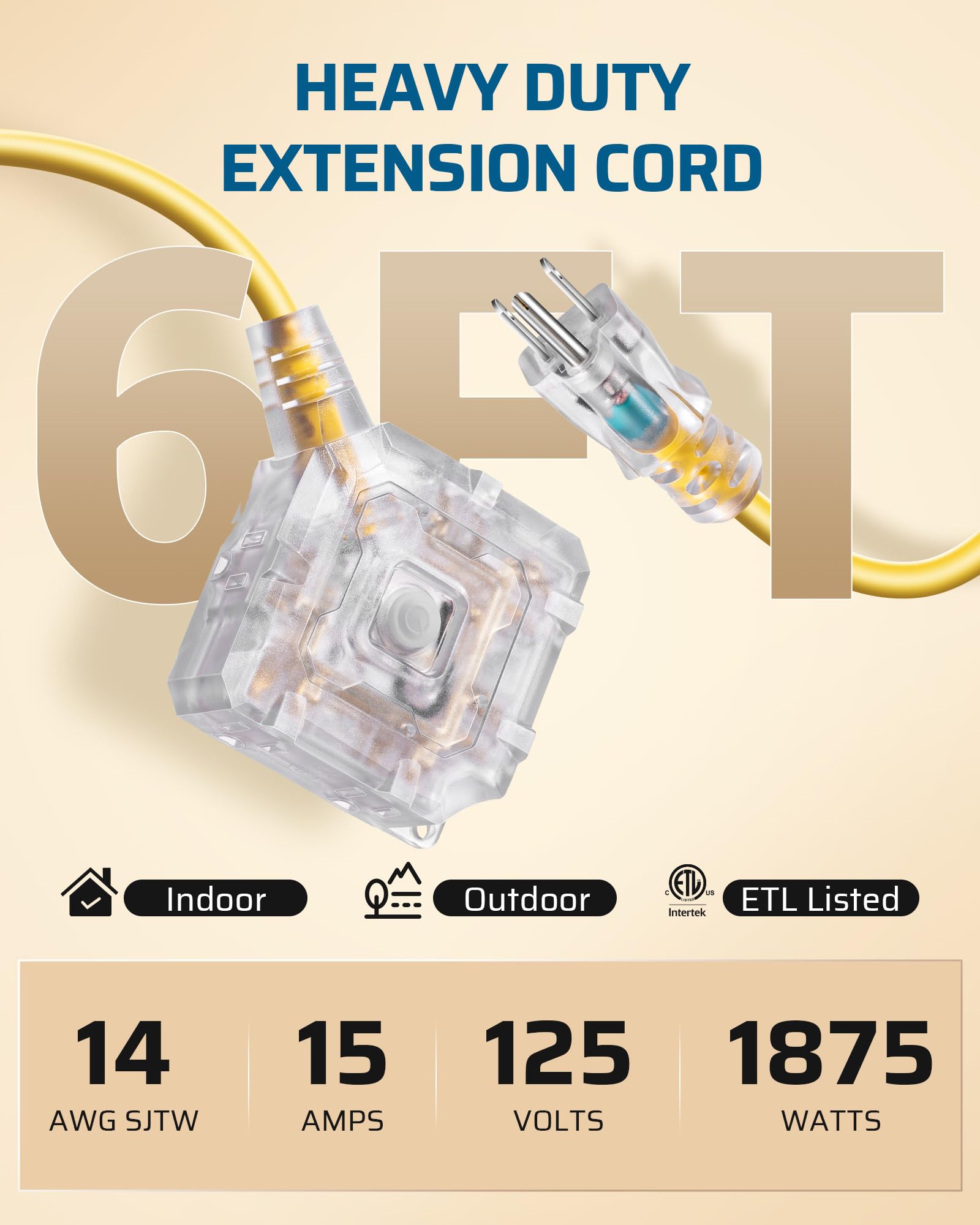 Dewenwils 6Ft Outdoor Heavy Duty Extension Cord, 14 Awg Sjtw Power Cord With Dust Proof & Waterproof Switch, 6 Outlets Transpare