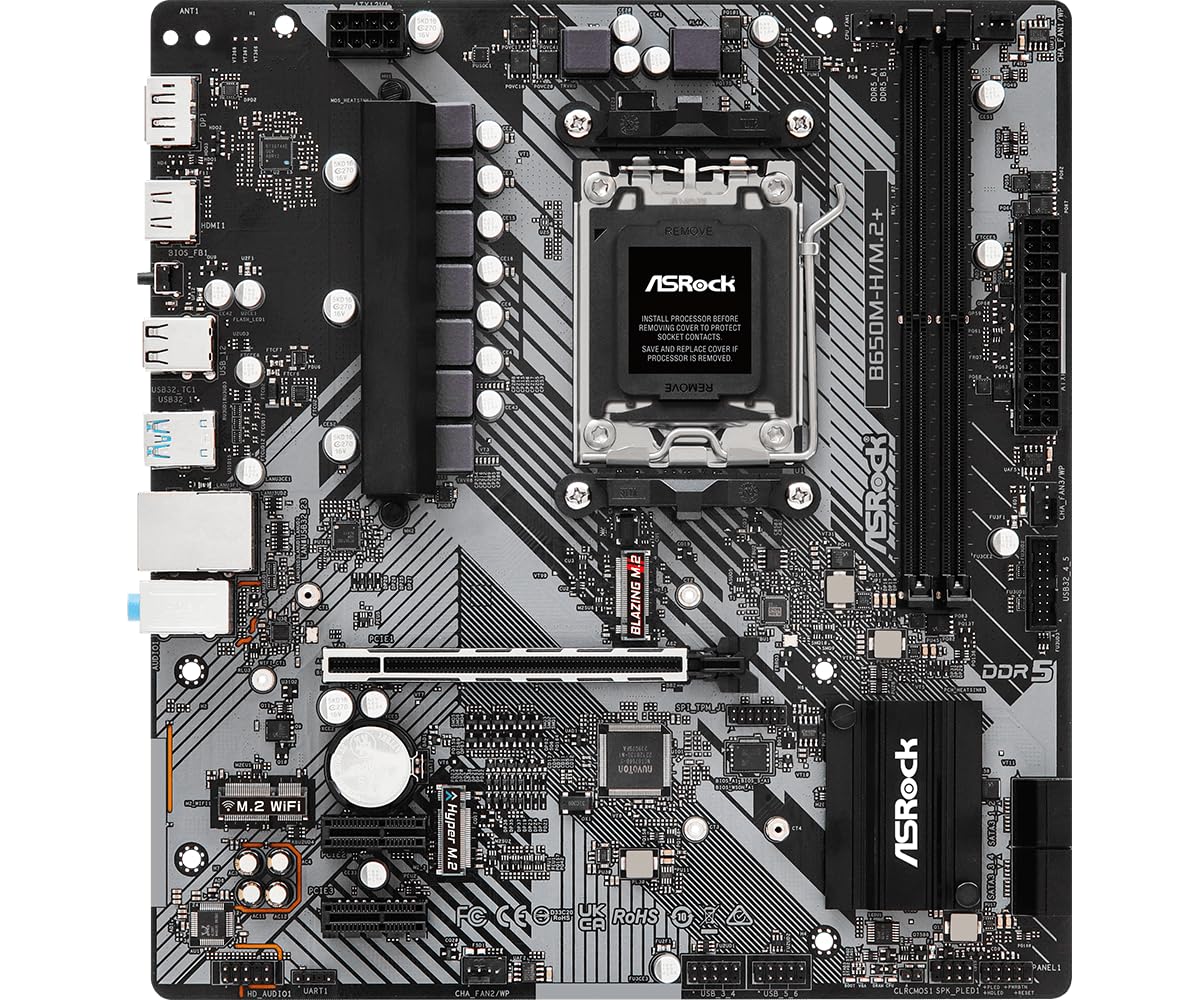 Asrock B650M-H/M.2+ Motherboard Ddr5 Dimms 6 Usb Hdmi Displayport Micro Atx 96 Gb 6400 Mhz Socket Am5 Sata3 6.0 Gb/S Rdna 2 Grap