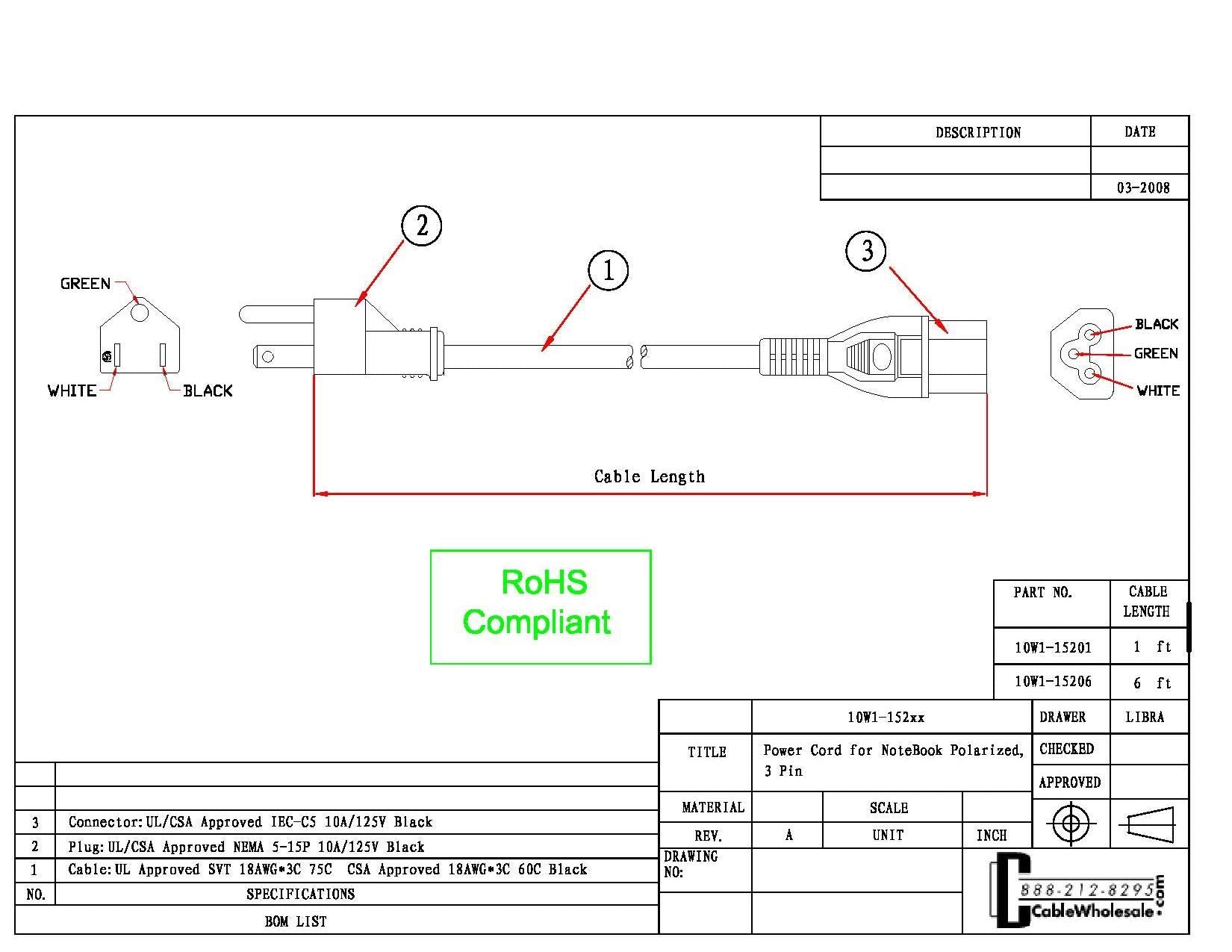 Notebook/Laptop Power Cord, Polarized Nema 5 15P Male To C5 Female Plug, 3 Pin, 18 Awg, Svt, 10 Amp, Laptop Power Supply Cable,