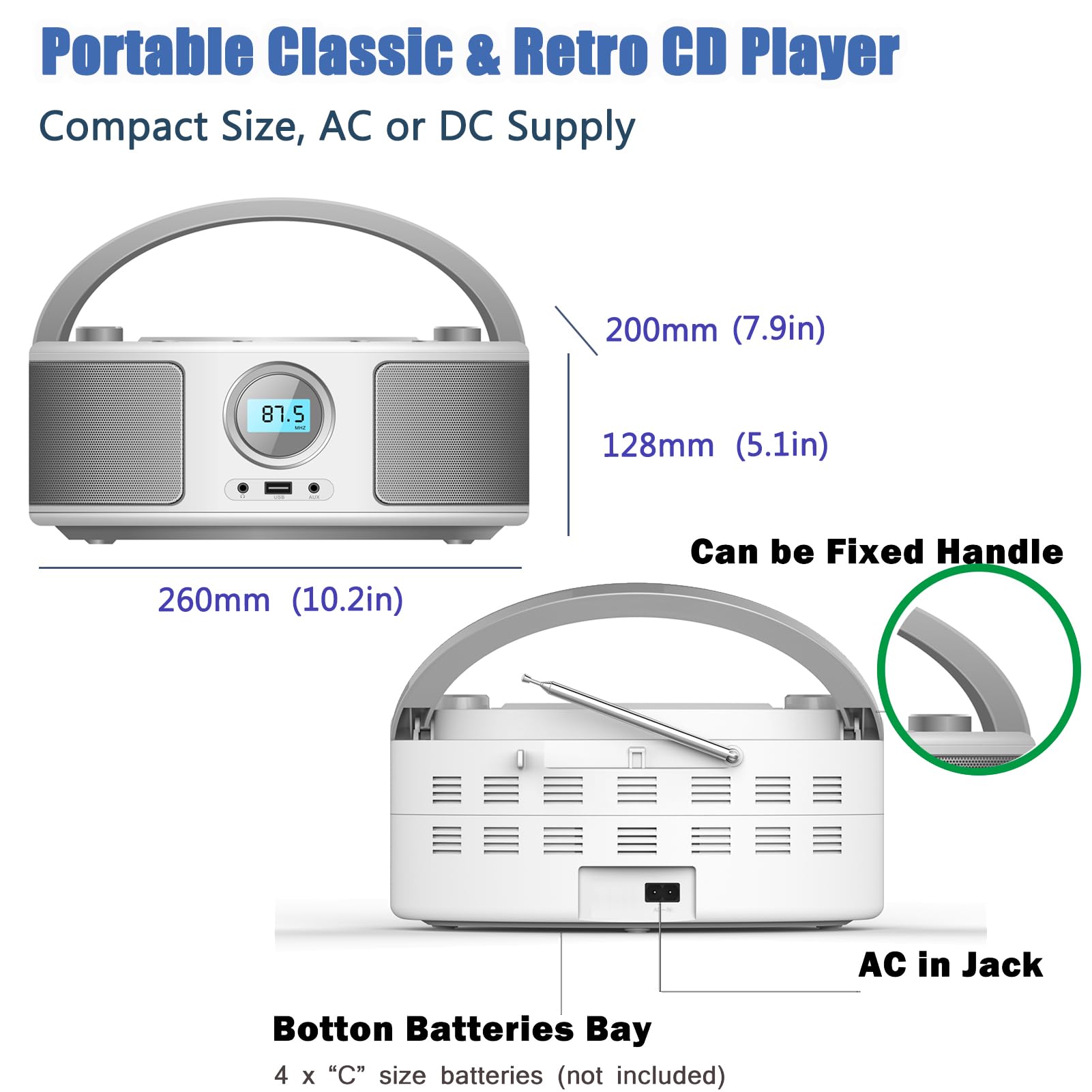 Cd Radio Portable Cd Player Boombox With Bluetooth,Fm Radio,Remote Control,Usb Input And 3.5Mm Aux Headphone Jack,Cd R/Cd Rw/Mp3