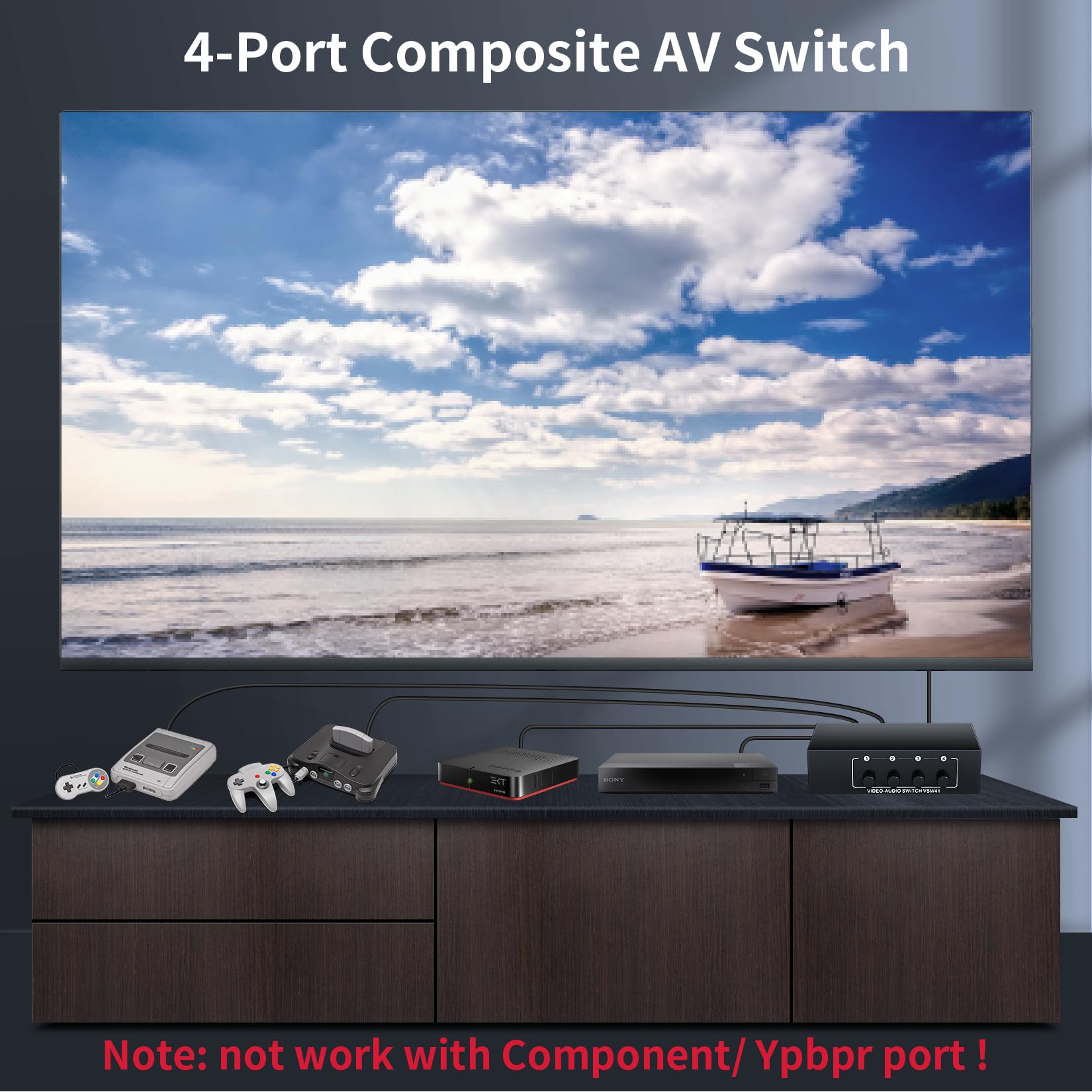 Rca Switch 4 In 1 Out Composite Video L/R Audio Selector Box 4X1, Bolaazul 4 Way Rca Switcher   4 Port Av Selector Switch   Plug