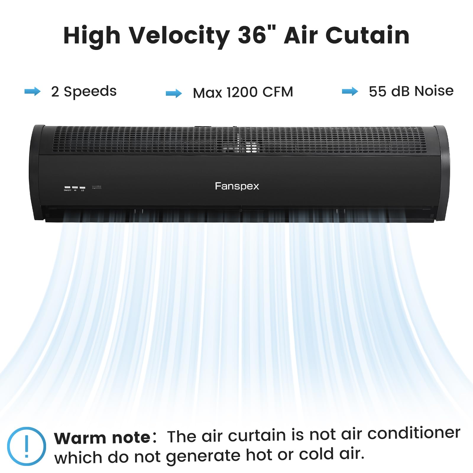 Fanspex 36'' Wall Mounted Air Curtain, High Velocity Commercial Over Door Fan For Home Garage Shop Restaurant, 2-Speed, 120W Low