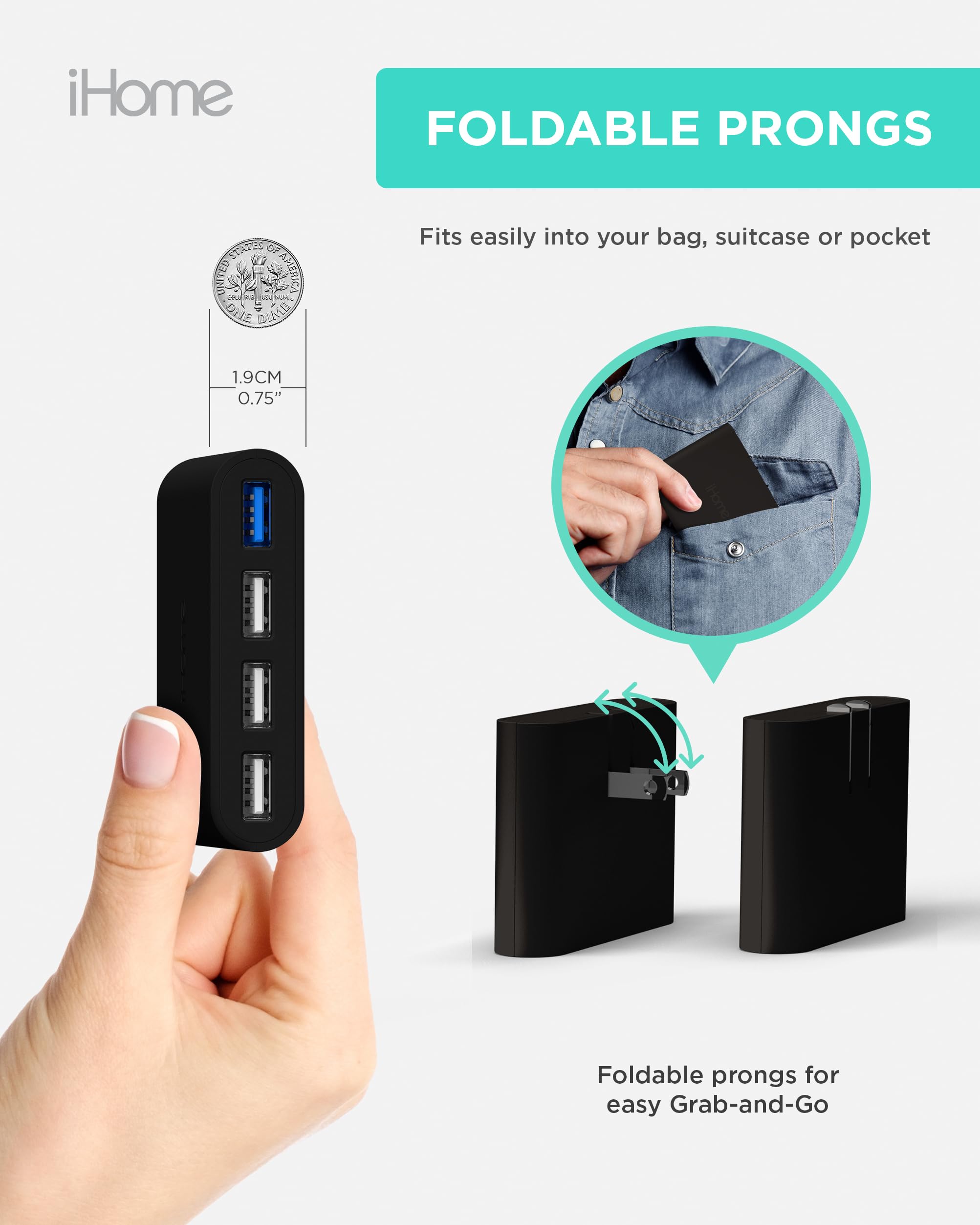 Ihome Slim Usb Wall Charger: Ac Pro Multiport Usb Charger, Usb Plug Adapter & Phone Charging Block, 4 Usb Plugs For Wall Outlet,