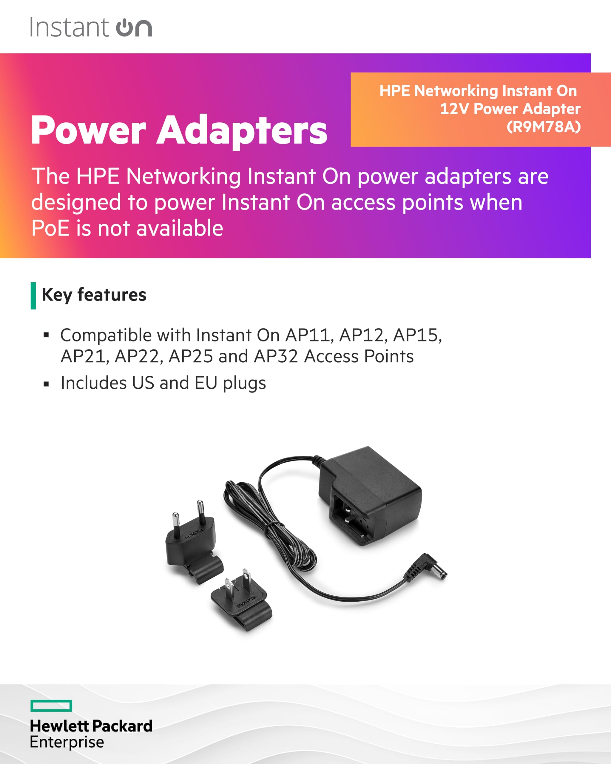 Hpe Networking Instant On 12V Power Adapter For Instant On Ap11, Ap12, Ap15, Ap21, Ap22, Ap25 And Ap32 Access Points | Us And Eu