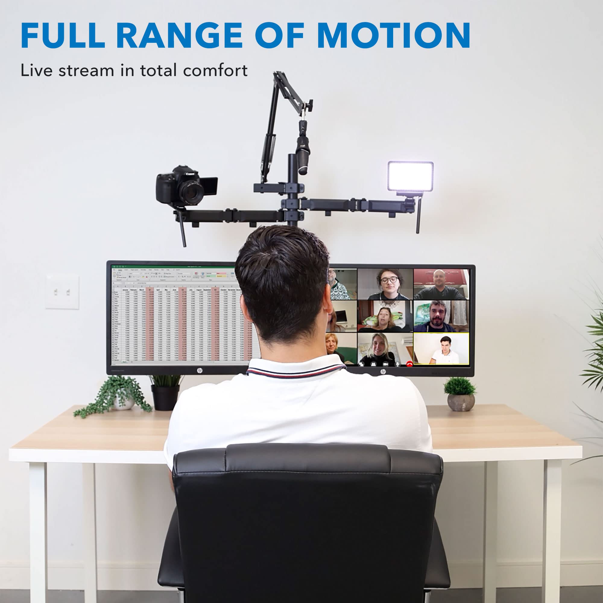 Mount It! All In One Live Streaming Equipment | 5 Arm Streaming Desk Mount That Holds Dual Monitors, Cameras And Ring Light With