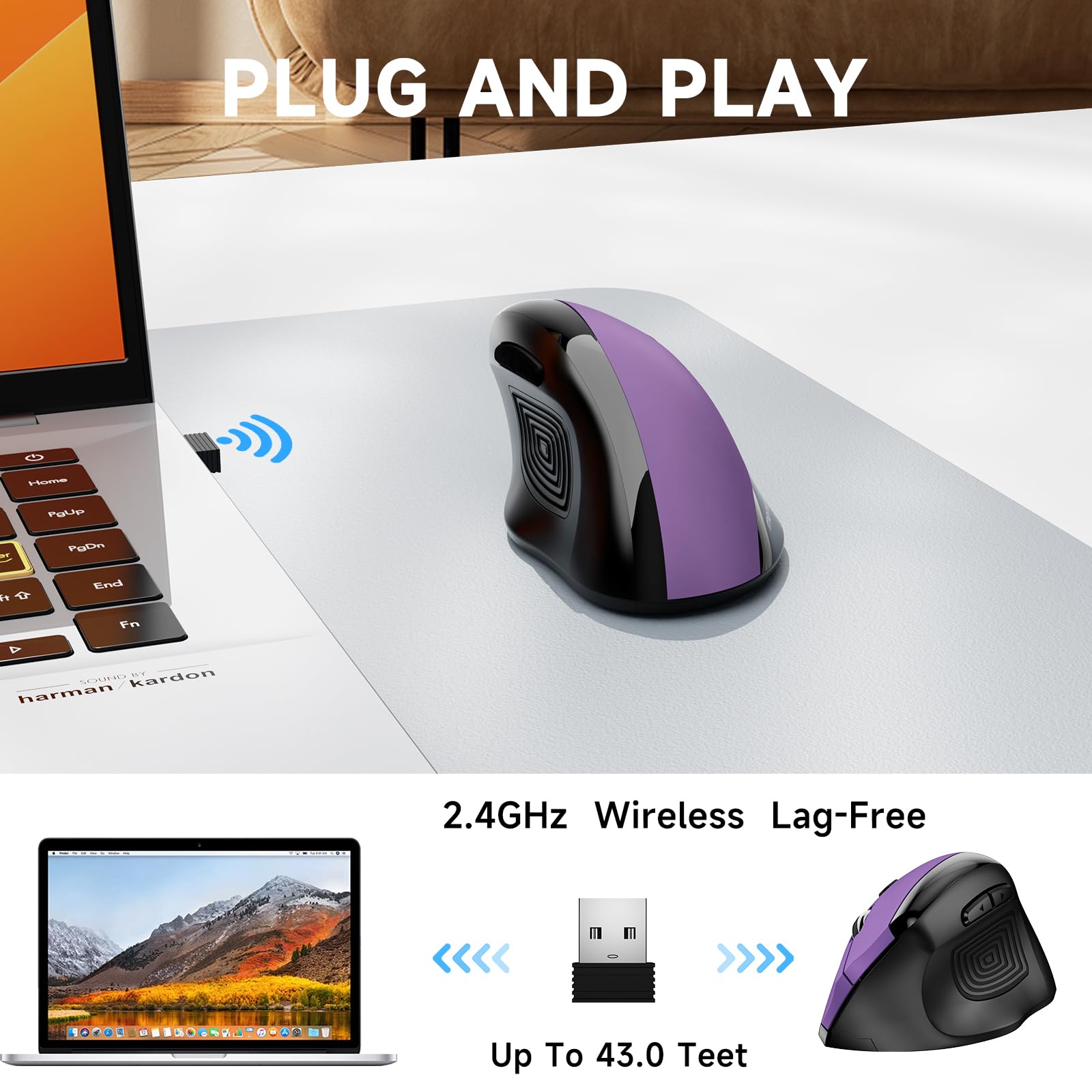 Memzuoix Ergonomic Mouse Wireless,2.4G Optical Cordless Mice With 800/1200/1600 Dpi,Vertical Computer Wireless Mouse For Laptop, Mac,Pc,Desktop (For Right Hand, Large),Purple Mouse