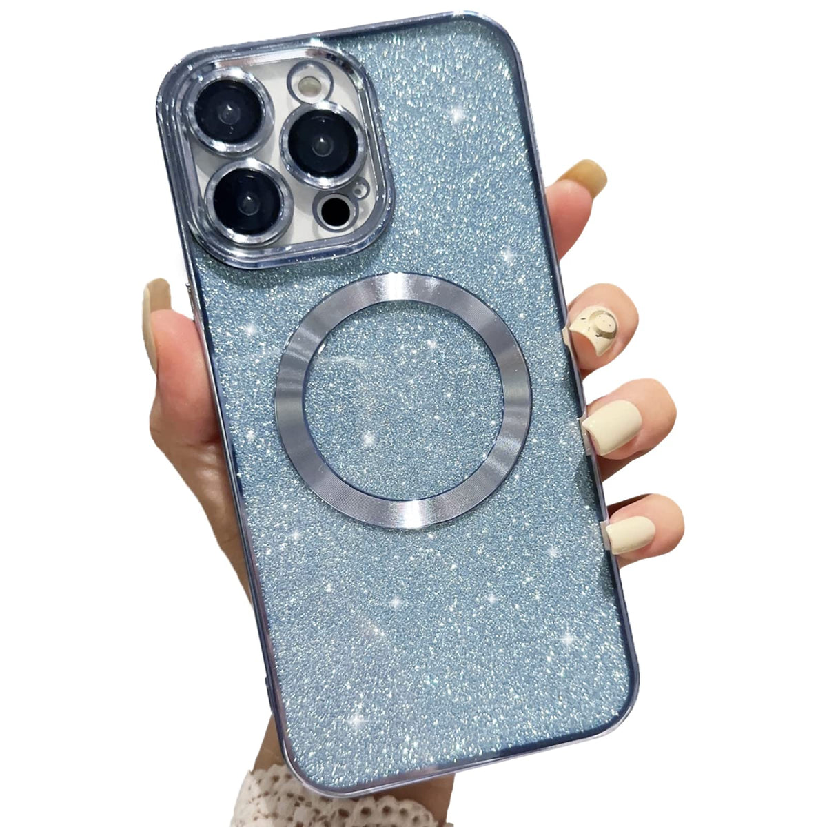 Aowner Magnetic Case For Iphone 13 Pro Glitter Case, Luxury Plating Cute Bling With Camera Lens Protector, Compatible With Magsa