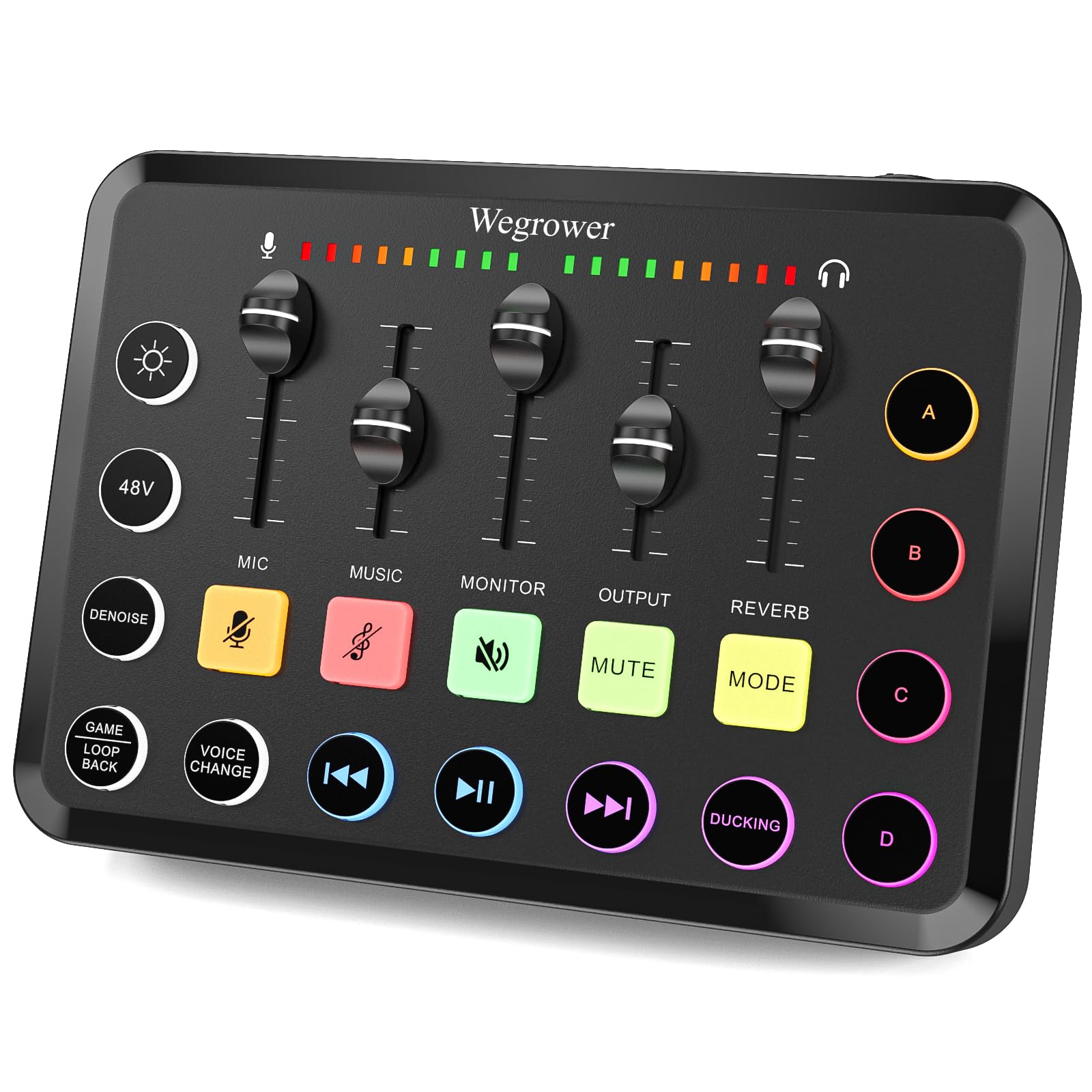 Wegrower Rechargeable Audio Mixer for Gaming & Podcasting - 48V Phantom Power, Dual Mic Inputs, RGB Lighting, 1-Click Noise Canc
