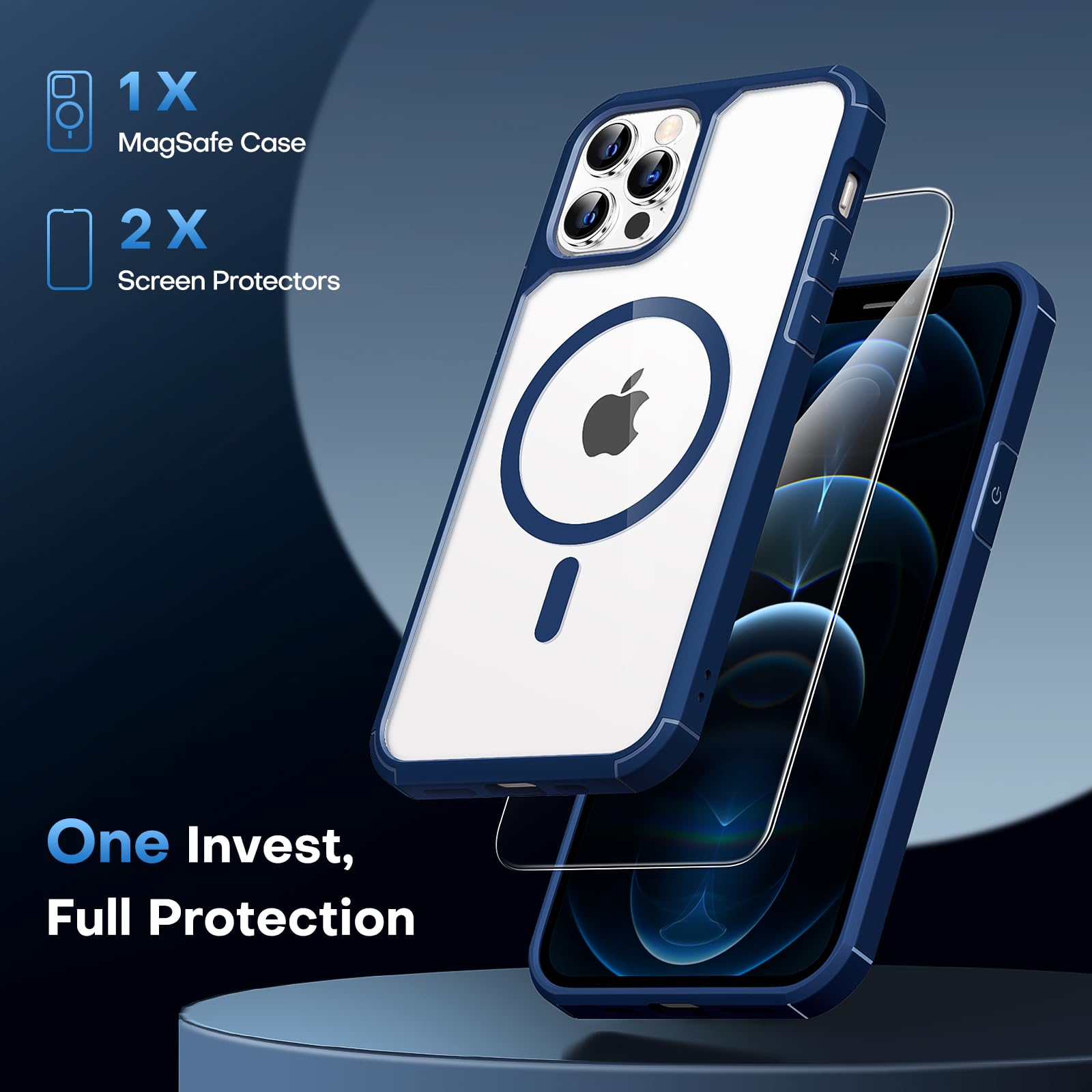 Tauri For Iphone 12 Pro Max Case Blue, Compatible With Magsafe [Yellowing Resistant] With 2X Screen Protectors, Military Grade P