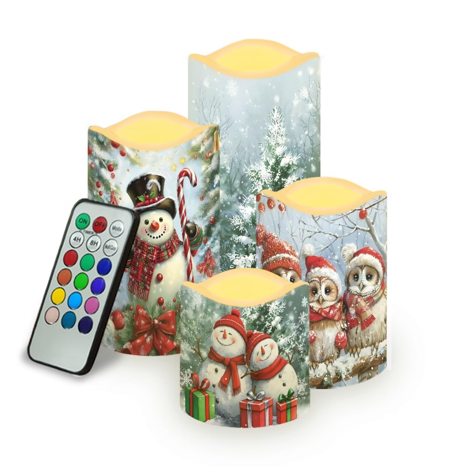 Uorisanigo Cute Snowman Owl Flickering Flameless Candles with Remote LED Pillar Candles Battery Operated with Timer Color Changi