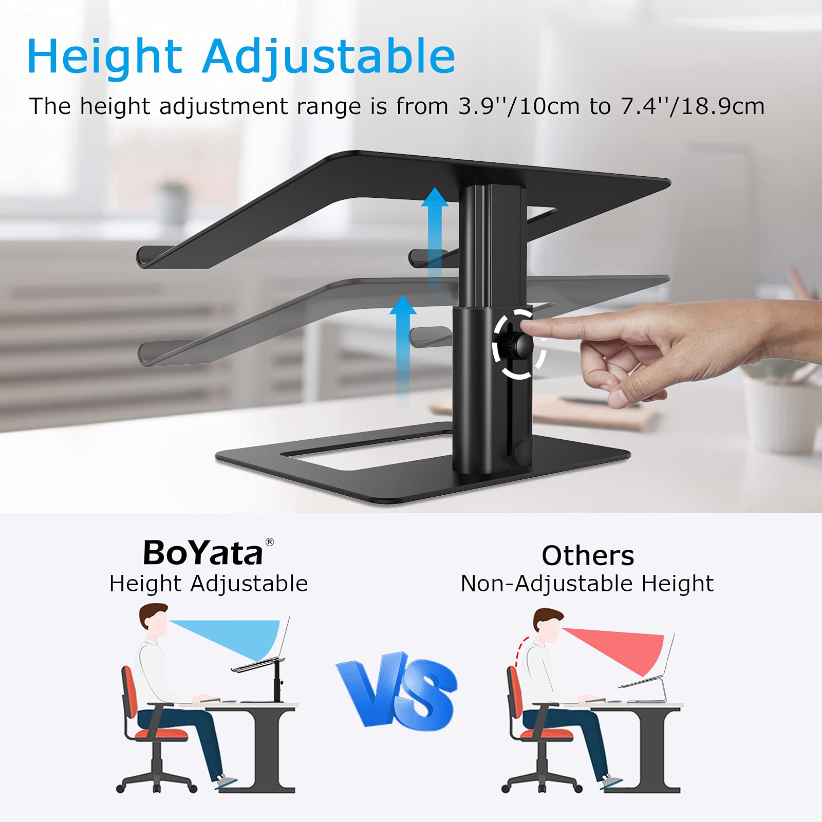 Boyata Laptop Stand, Ergonomic Aluminum Height Adjustable Computer Stand Laptop Holder For Desk, Compatible With Macbook Pro/Air