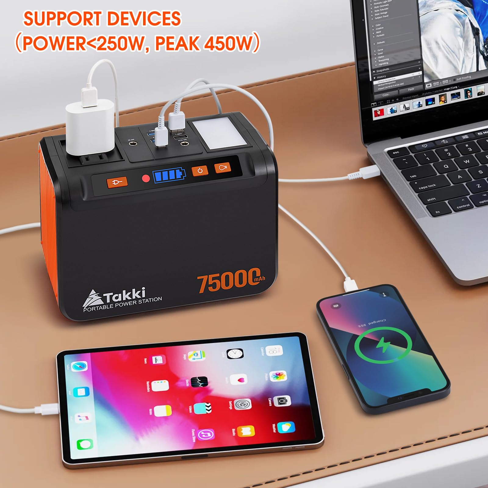 Takki Portable Power Station 277Wh, Camping Backup Lithium Battery, 110V/250W Pure Sine Wave Ac Outlet, Solar Generator For Cpap