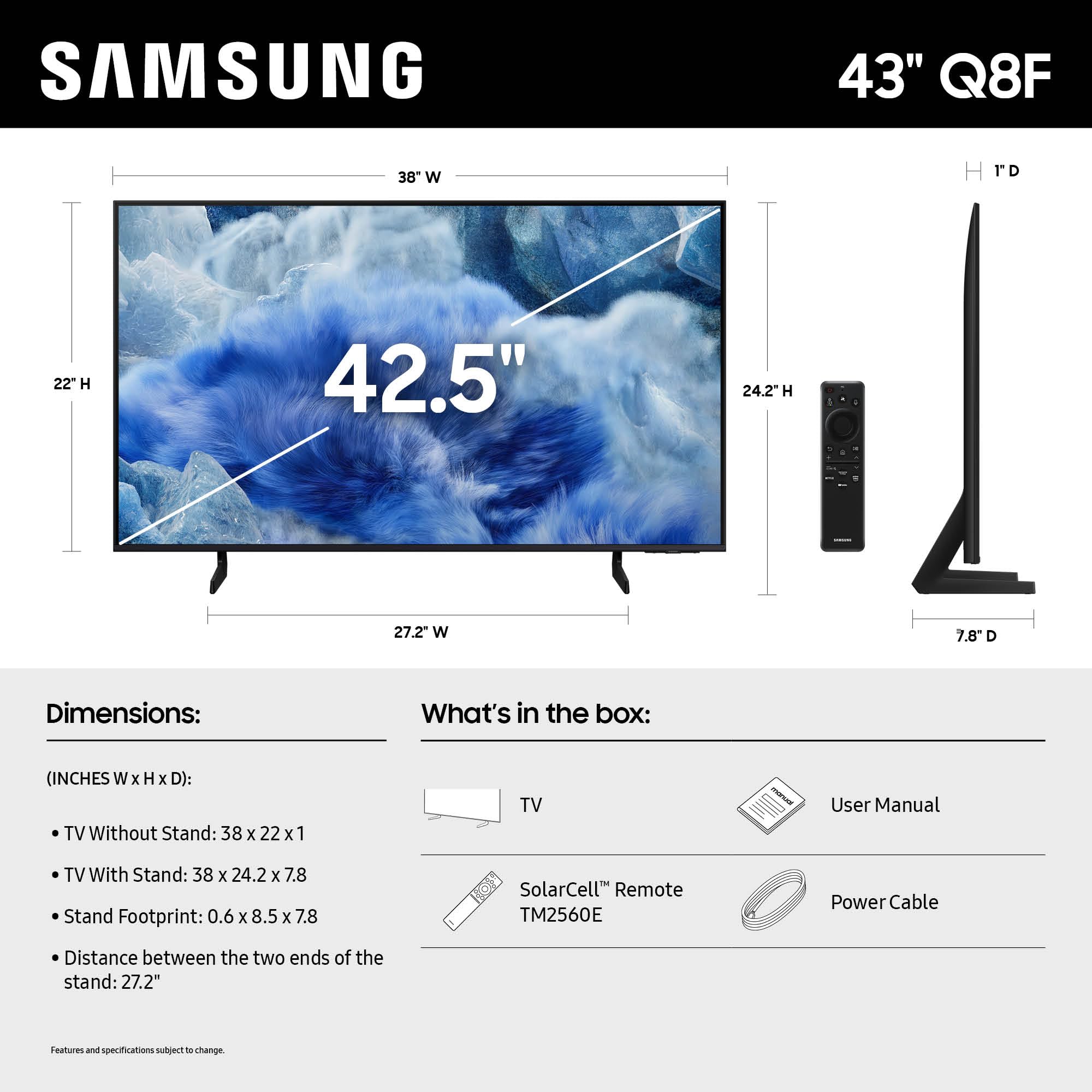 Samsung 43-Inch Class Qled Q8F 4K Uhd Smart Tv (2025 Model) Q4 Ai Processor, 100% Color Volume With Quantum Dot, Airslim Design,