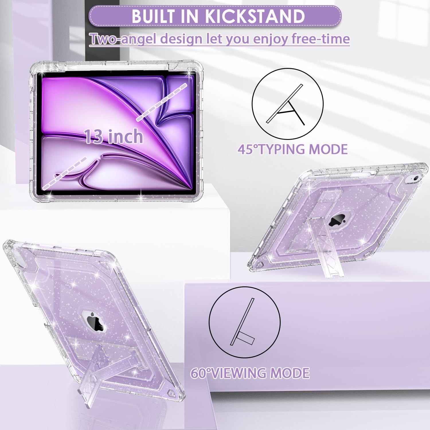 Zonefoker For New Ipad Air 13 Inch Case 2024 M2, 13'' Ipad Air Case 6Th Gen 2024 13 Inch Clear Glitter Slim Cover With Pencil Ho