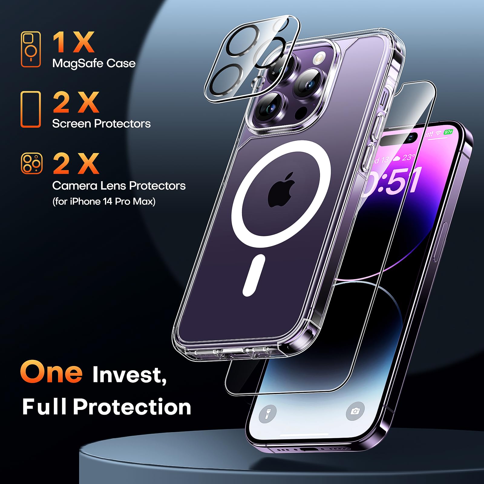 Tauri Magnetic For Iphone 14 Pro Max Case Clear, Compatible With Magsafe [Yellowing Resistant] With 2X Screen Protector + 2X Cam