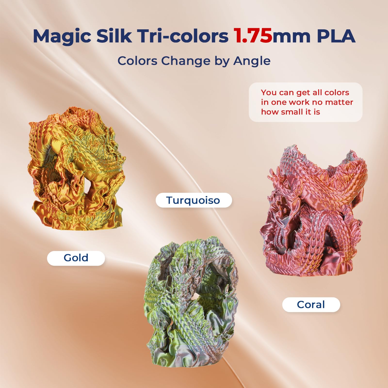 Amolen Silk Pla 3D Printer Filament, Tri Color Coral Gold Turquoise Pla 1.75Mm, Shiny Multi Color Change Filament 3D Printing Pl