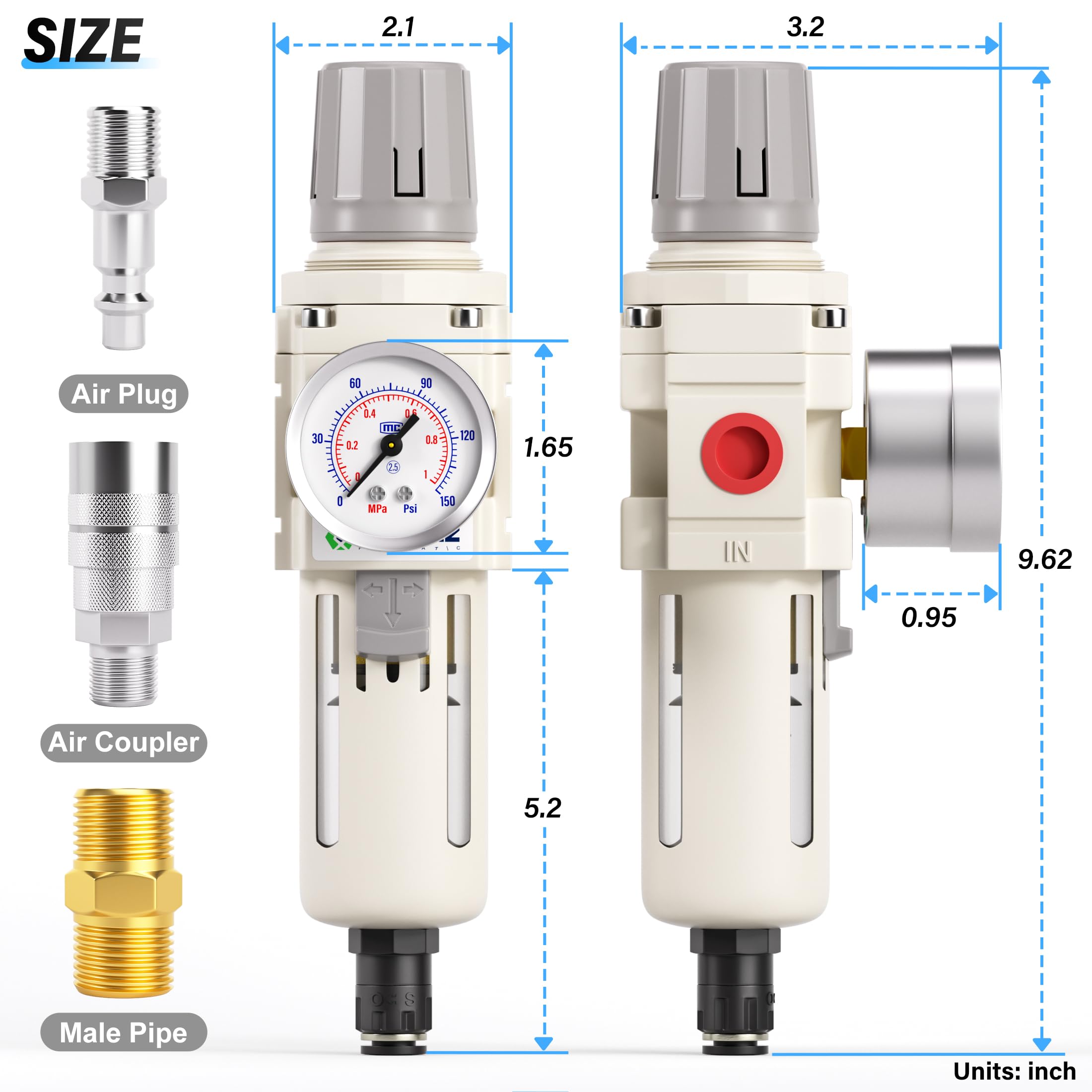Tailonz Pneumatic 3/8 Inch Npt Automatic Drain Air Filter Pressure Regulator Combo Piggyback, Air Tool Compressor Filter With Ga