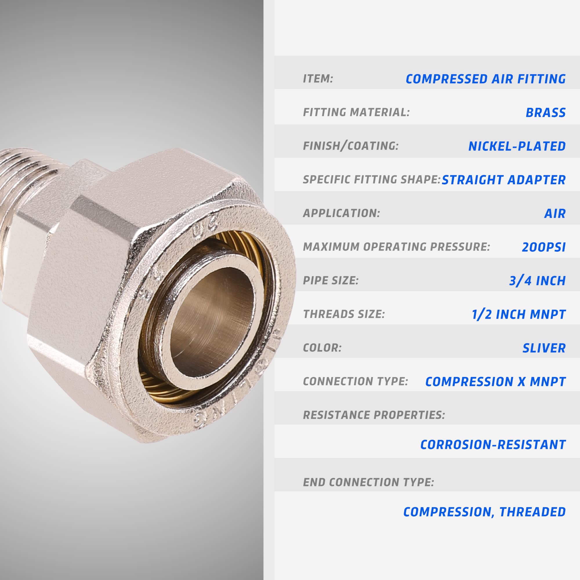 Ancimoon 3/4 Straight Air Piping Fittings, 3/4 X 1/2 Male Npt Threads Adapter Fittings, Seal Taped Needed, Brass Nickel Plated,