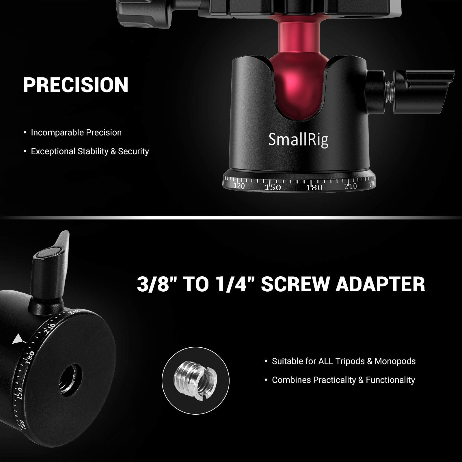 Smallrig Mini Ball Head, Tripod Head Camera 360 Panoramic With 1/4 Screw 3/8 Thread Mount And Quick Release Plate Metal Ball Joi