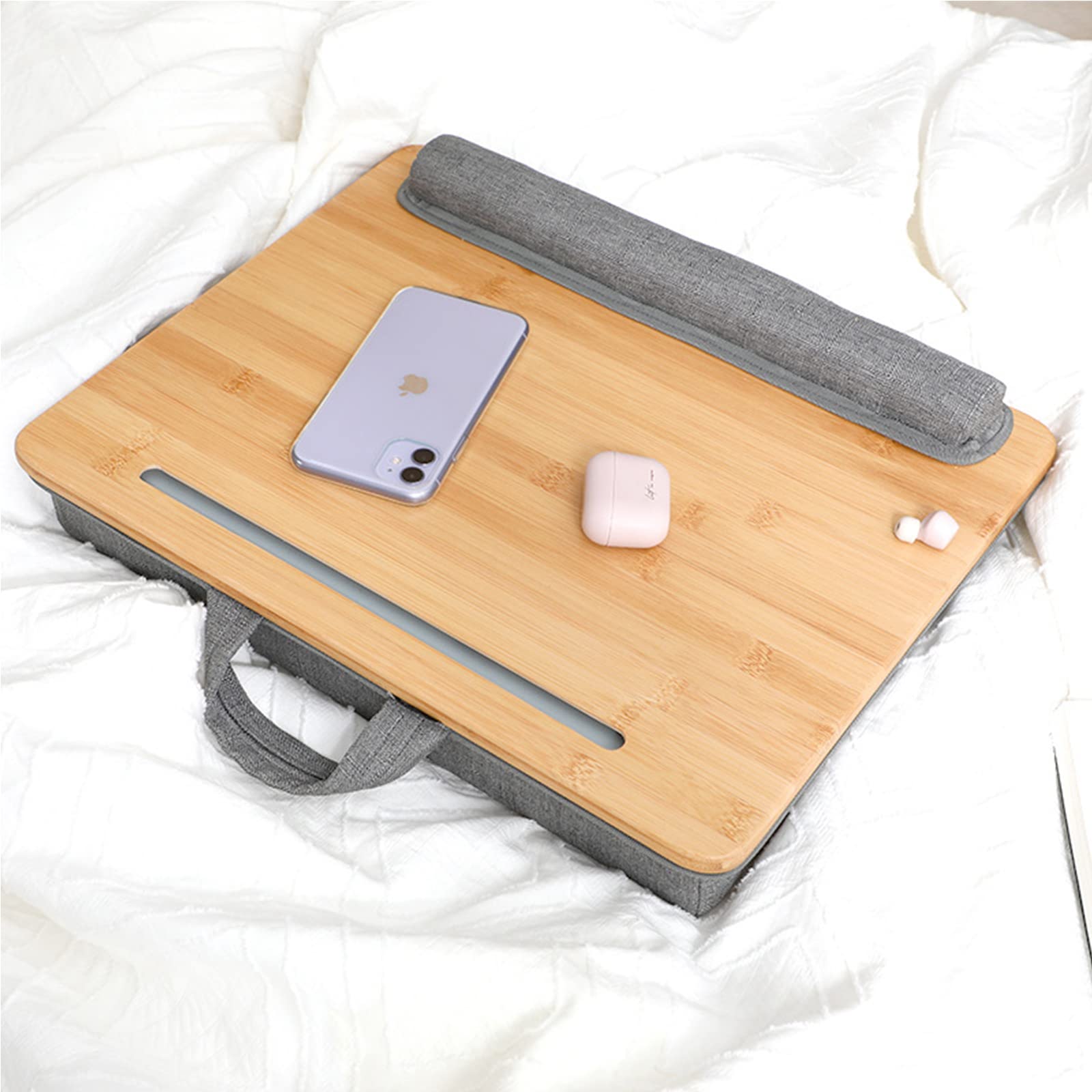 Sumisky Lap Desk Portable Laptop Stand With Cushion, Bamboo Platform With Phone Holder, Wrist Pad Fits Up To 15.6 Inch Laptops