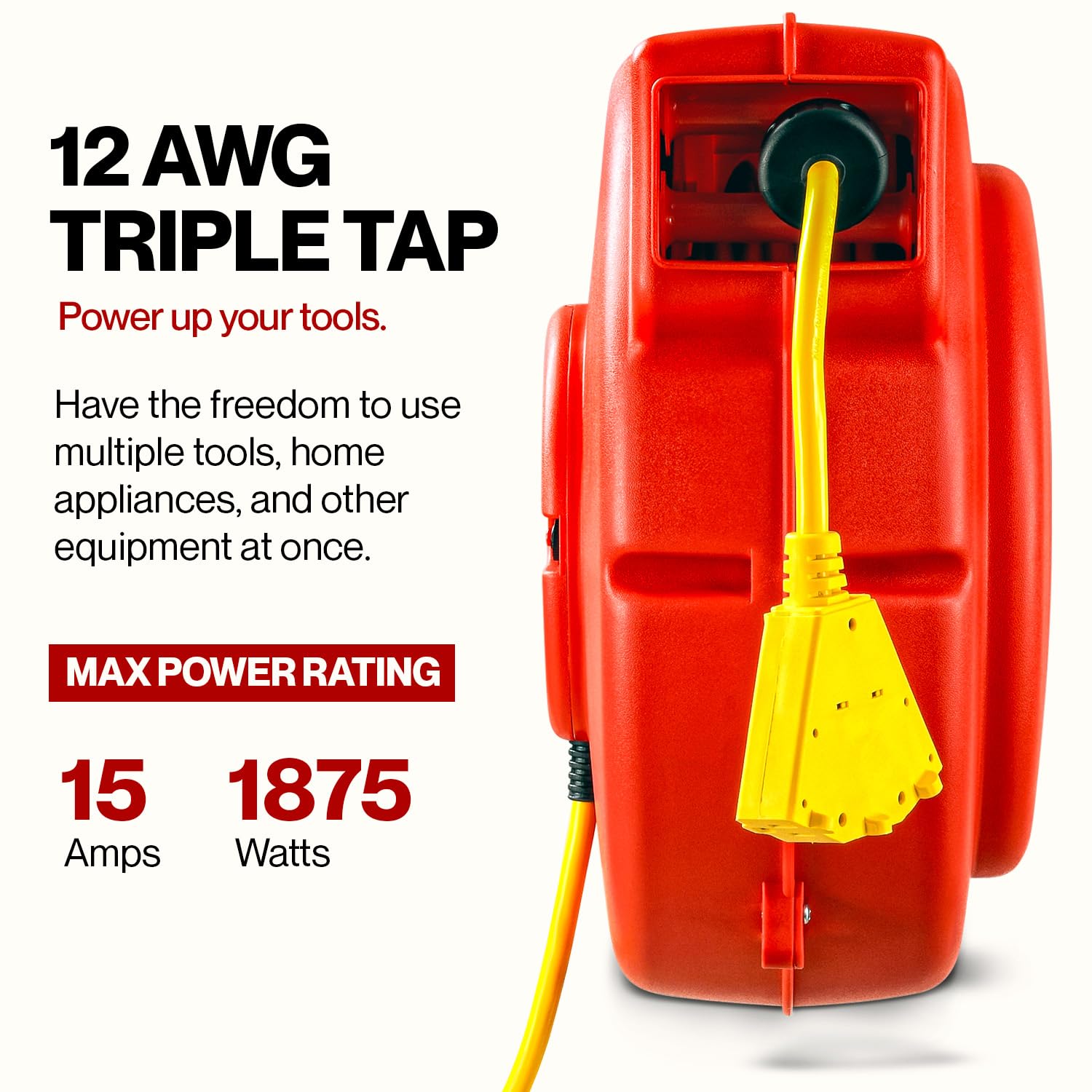 Reelworks Extension Cord Reel Retractable 12Awg X 65' Foot 3C/Sjt Heavy Duty Commercial Cable Triple Tap Connector Power 15A 125