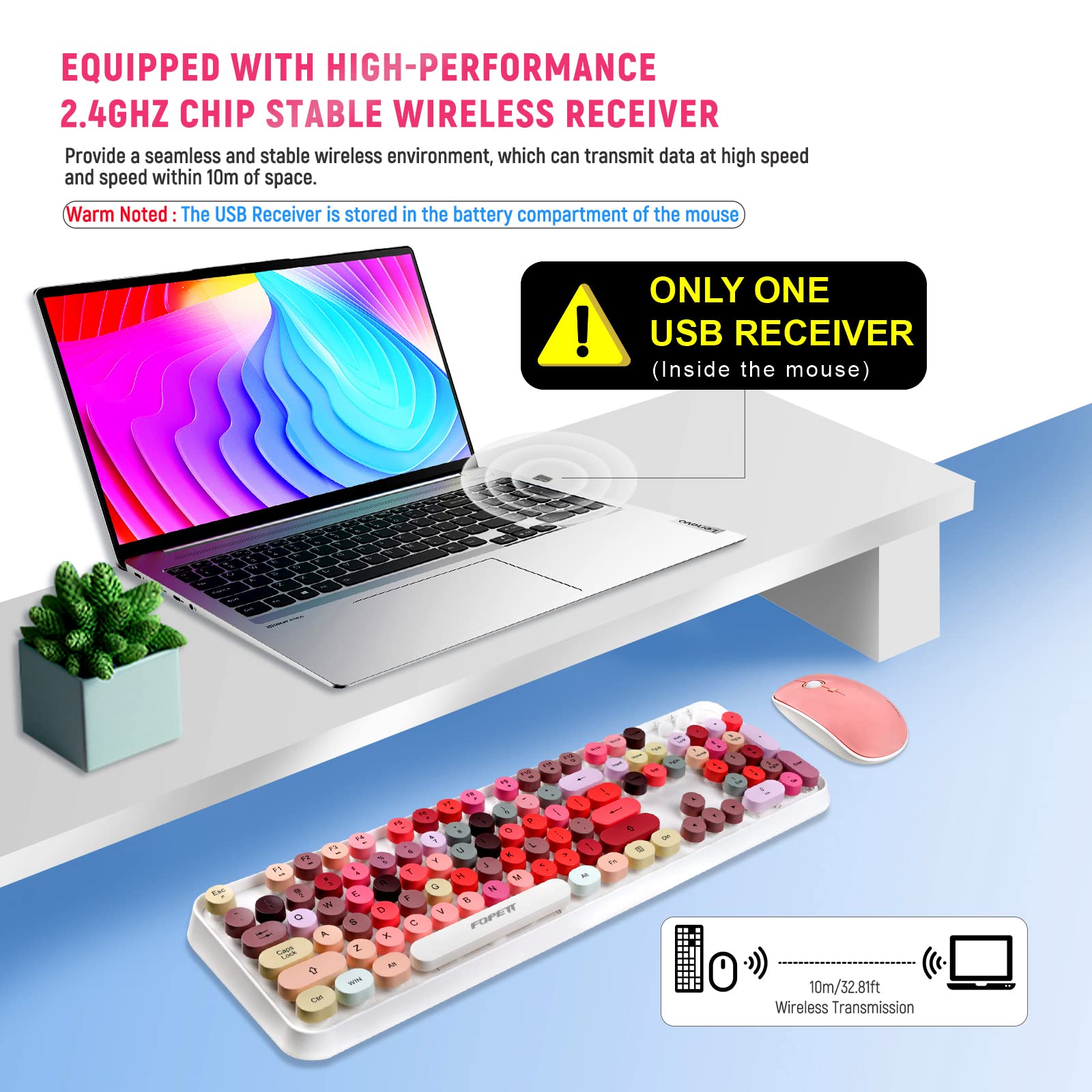 Fopett Wireless Keyboard And Mouse Sets,Reliable 2.4 Ghz Connectivity For Pc,Laptop,Smart Tv And More (White Colorful)