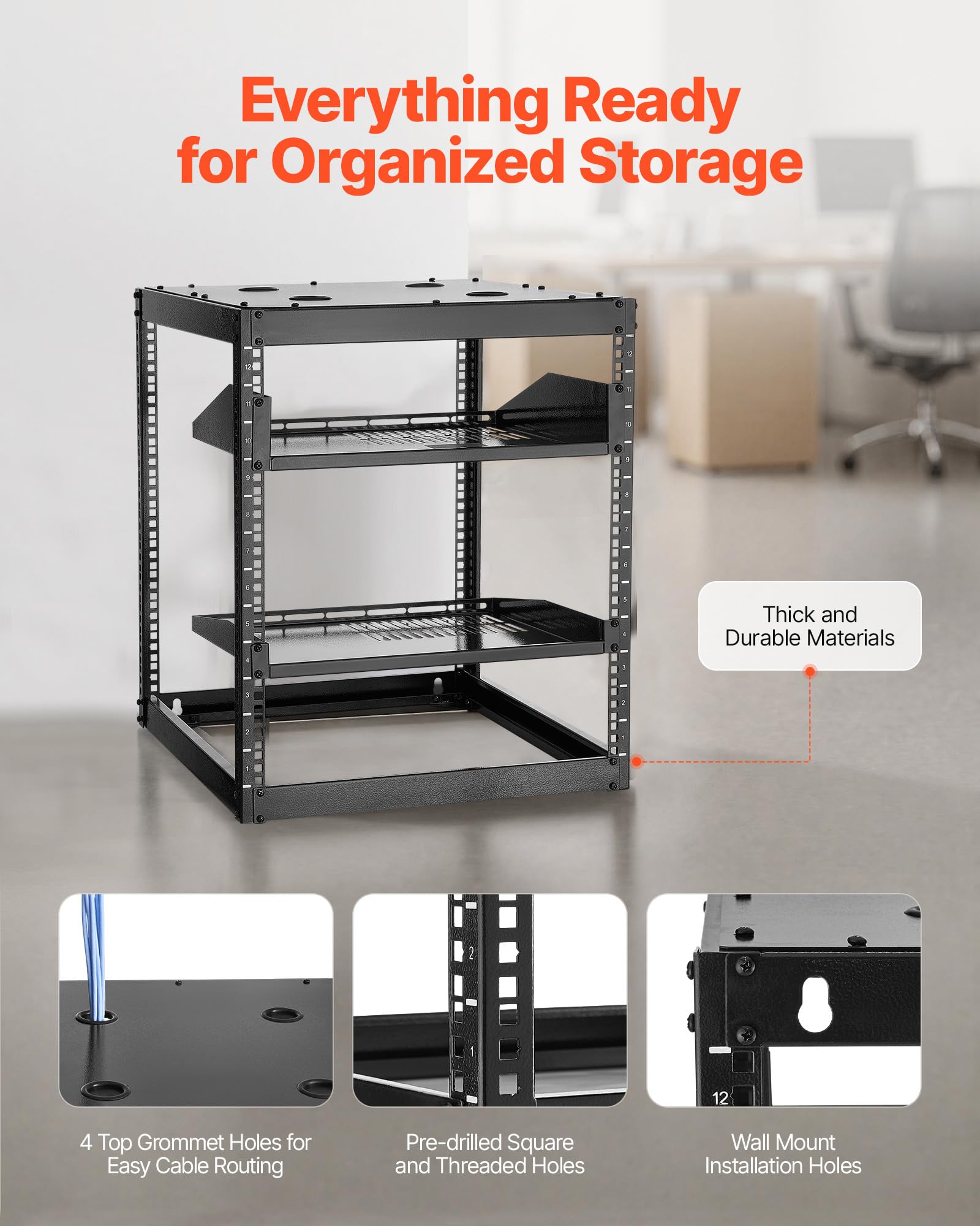 Vevor 12U Server Rack, Open Frame Network Rack For It & Av Gear, Floor Standing Or Wall Mounted,With 2Pcs 1U Rack Shelves & Moun