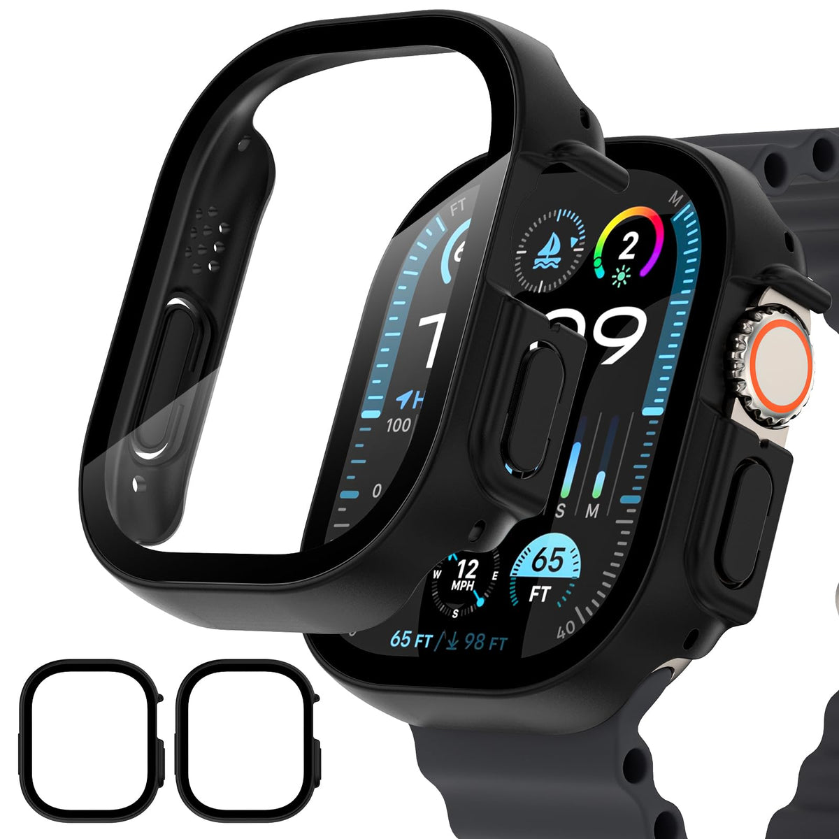 Ewuonu 2 Pack Hard Case For Apple Watch Ultra 3/2/Ultra 49Mm Screen Protector, Tempered Glass Bumper Anti-Scratch Hd Ultra-Thin 